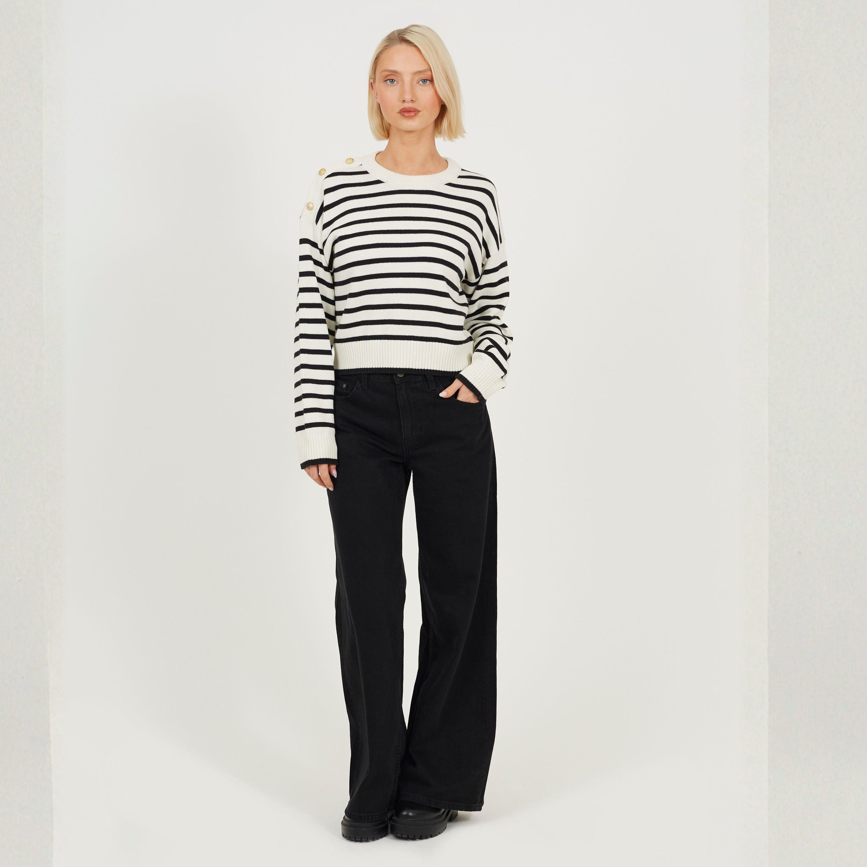 Ivory/Black - Brave Soul - Boxy Crew Neck Striped Jumper with Shoulder Button Detail - 4