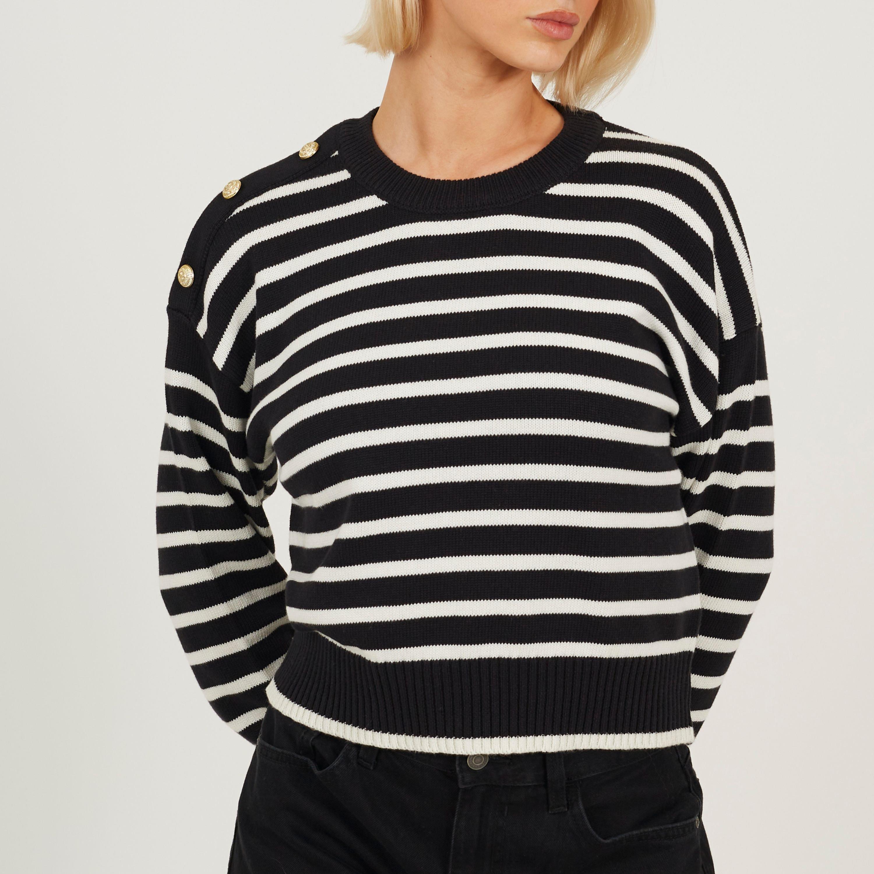 Brave Soul Women's Boxy Crew Neck Striped Jumper With Shoulder Button Detail - Black/Ivory - 8 (XS)