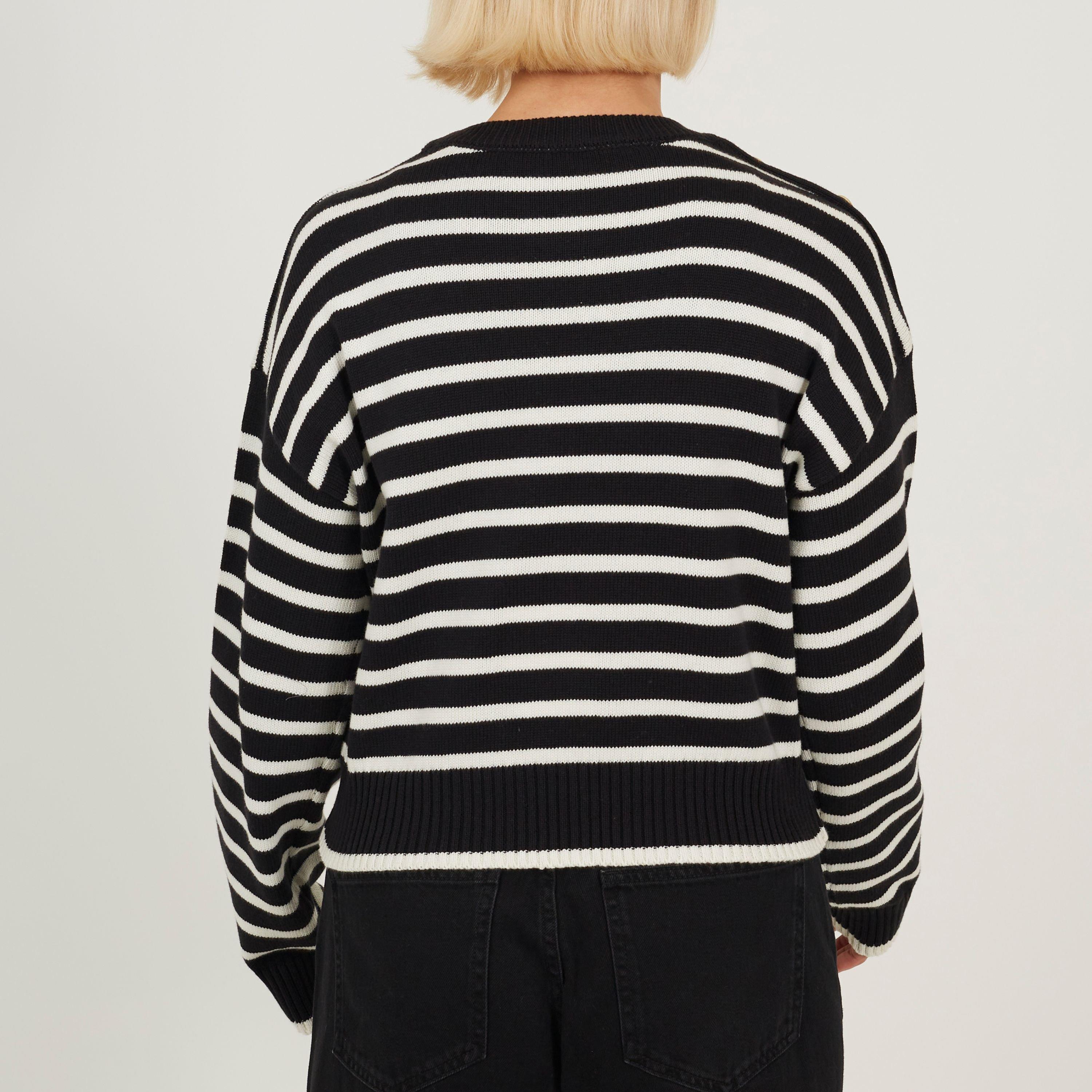 Black/Ivory - Brave Soul - Boxy Crew Neck Striped Jumper with Shoulder Button Detail - 2