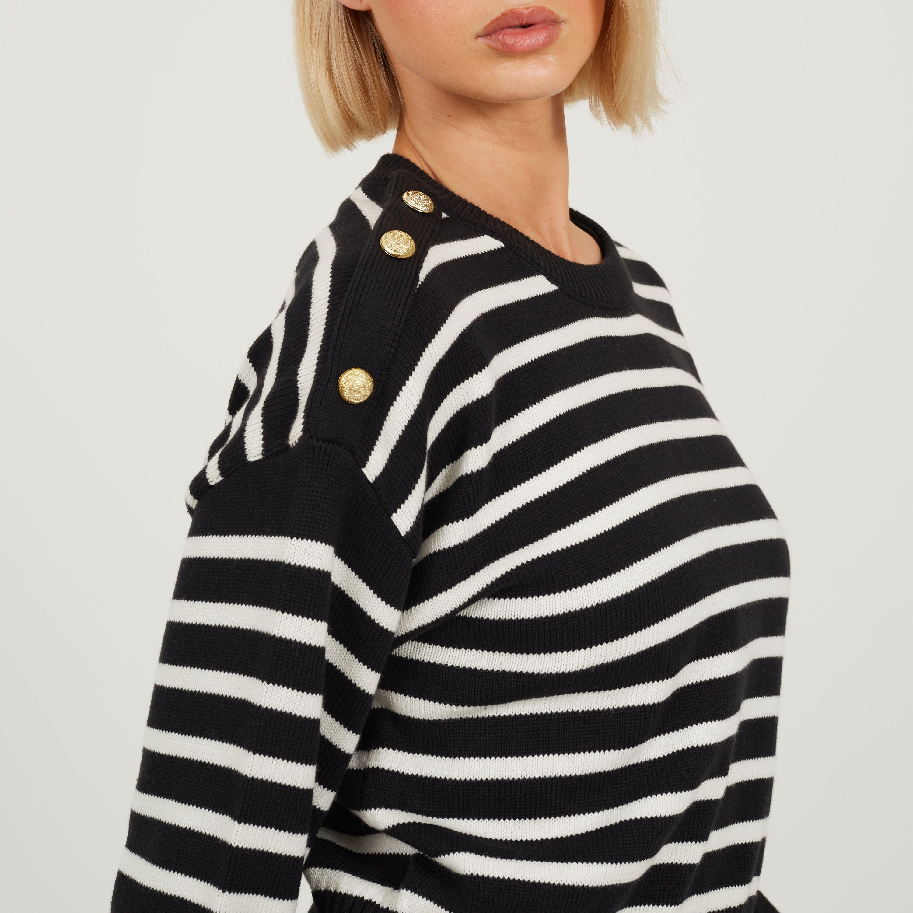 Black/Ivory - Brave Soul - Boxy Crew Neck Striped Jumper with Shoulder Button Detail - 3