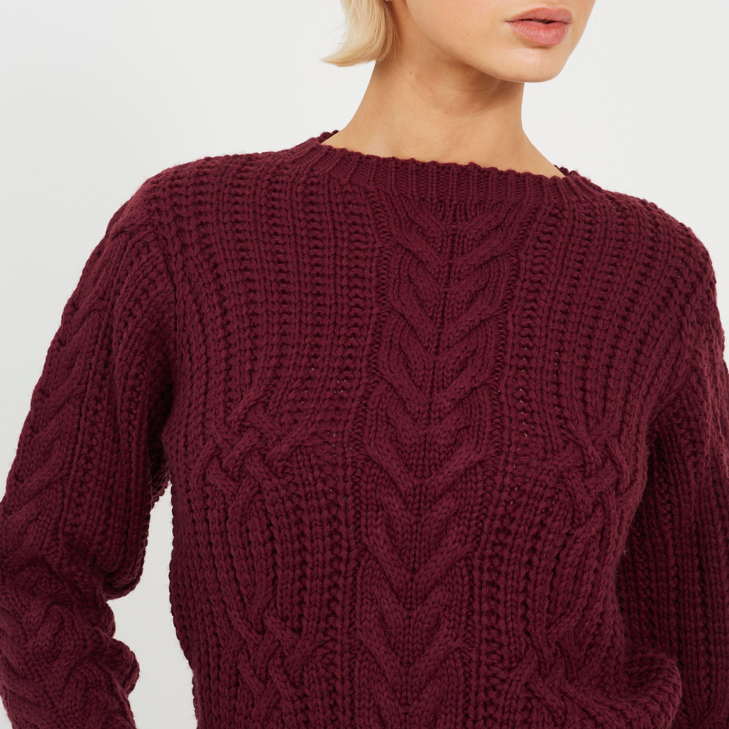 Aubergine - Brave Soul - Womens Classic Crew Neck Cable Knit Jumper - 3