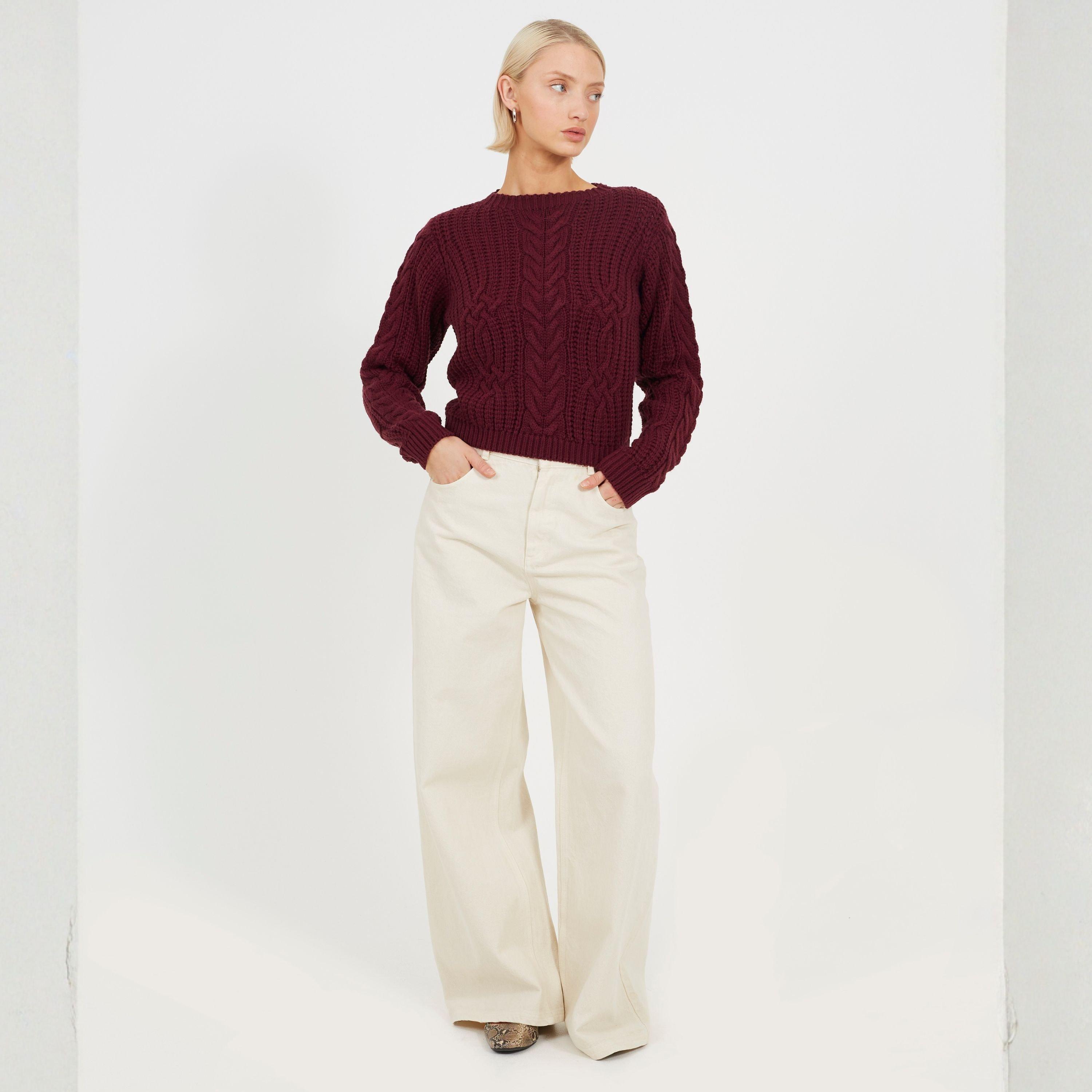 Aubergine - Brave Soul - Womens Classic Crew Neck Cable Knit Jumper - 4