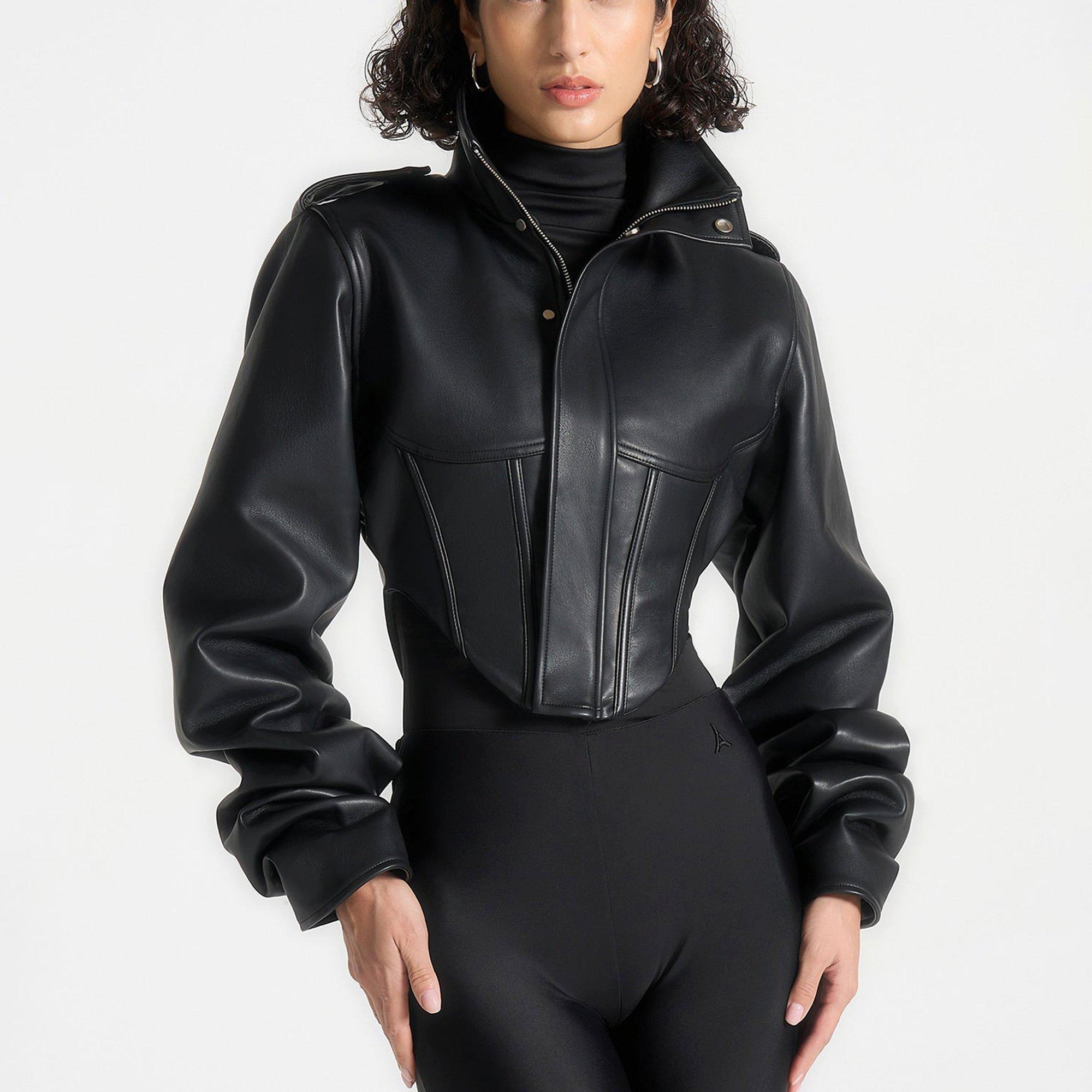 Black - Maniere De Voir - Womens Solange Vintage Leather Corset Jacket - 2