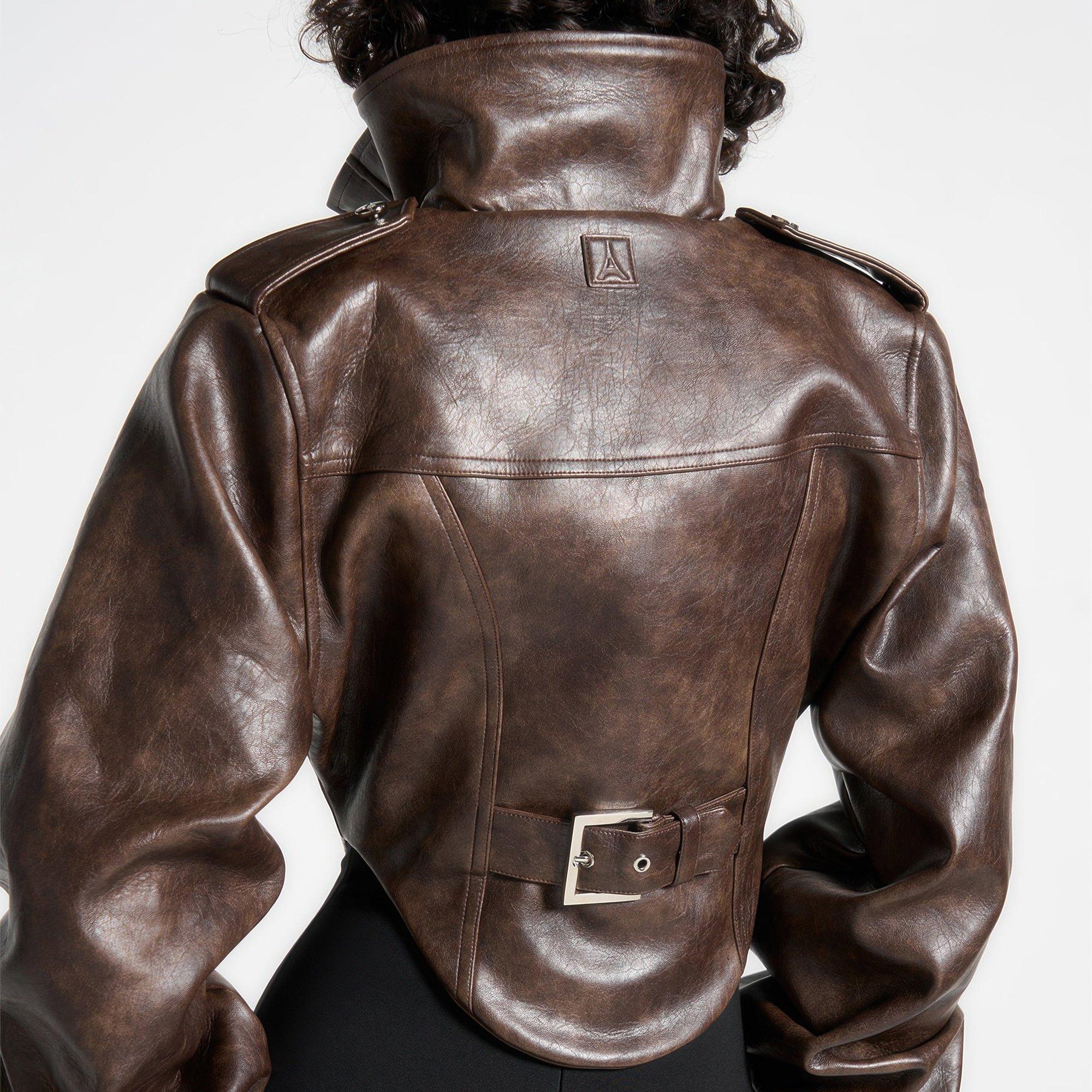 Brown - Maniere De Voir - Womens Solange Vintage Leather Corset Jacket - 4