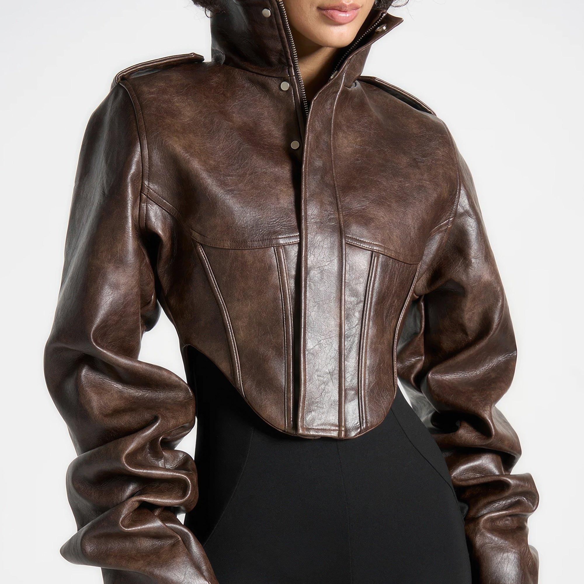 Brown - Maniere De Voir - Womens Solange Vintage Leather Corset Jacket - 6