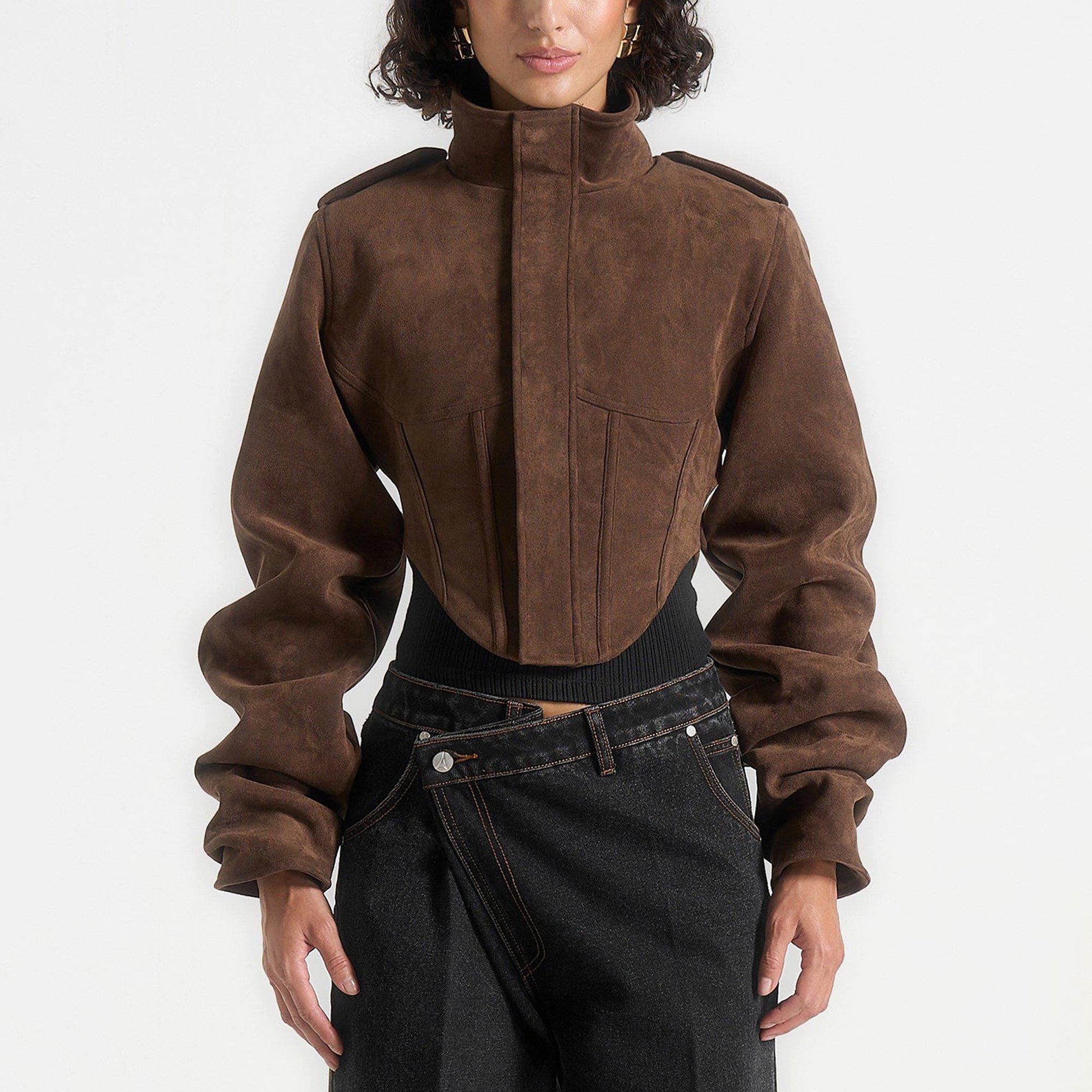 Brown Sude - Maniere De Voir - Womens Solange Vintage Leather Corset Jacket - 2