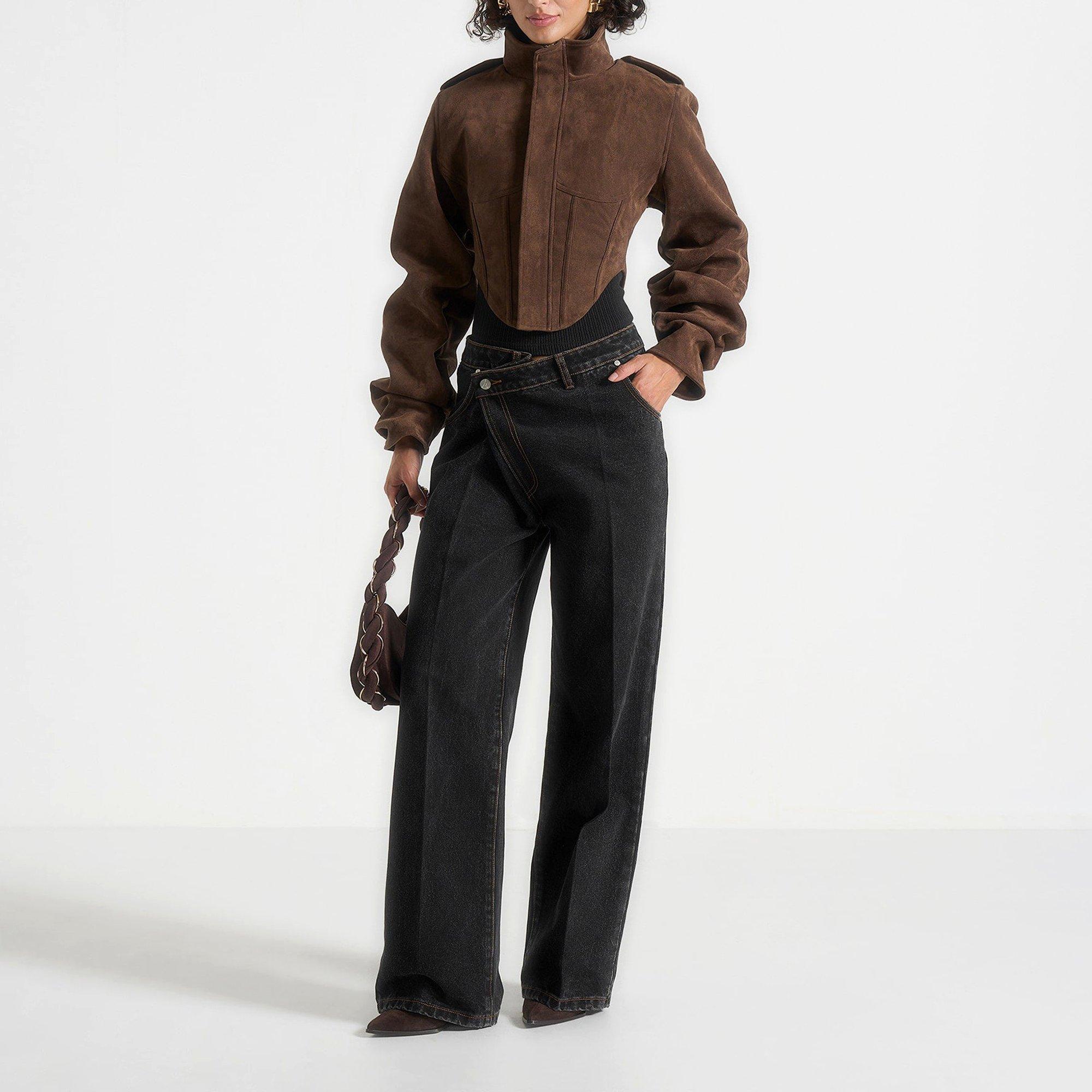 Brown Sude - Maniere De Voir - Womens Solange Vintage Leather Corset Jacket - 3