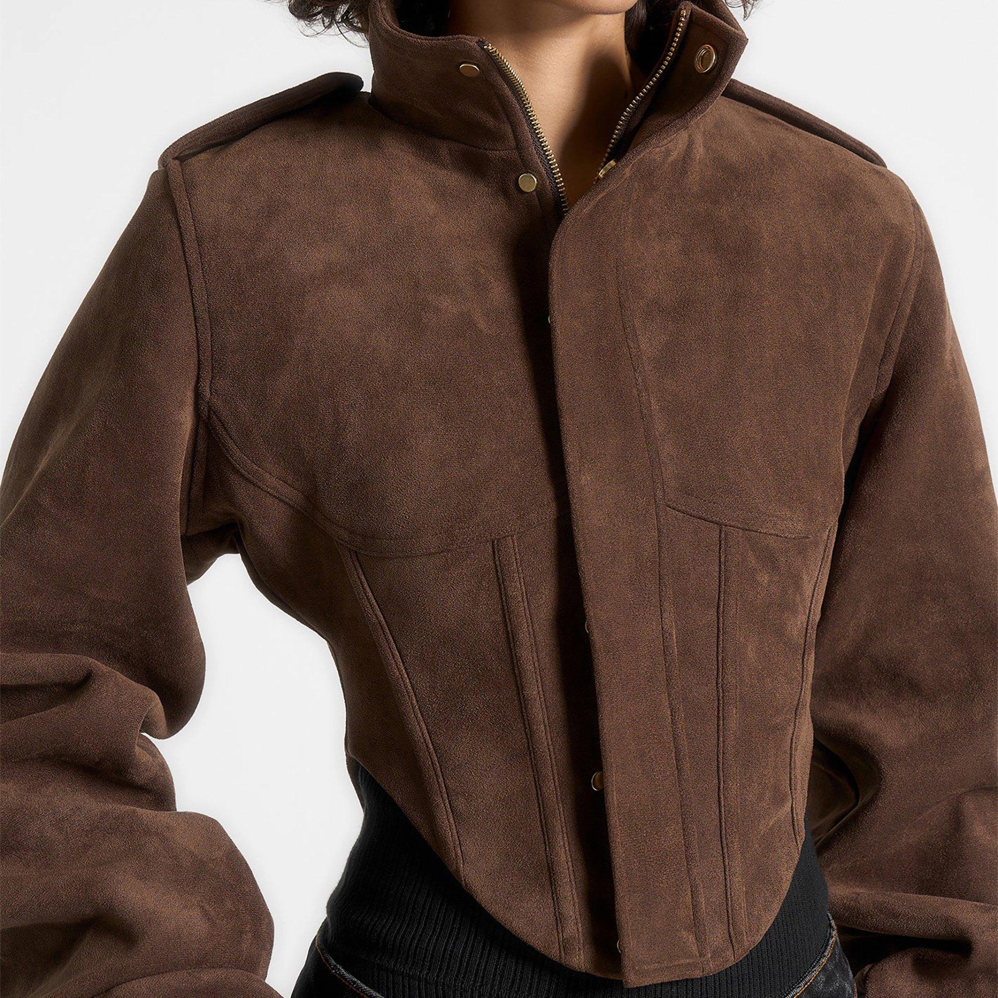 Brown Sude - Maniere De Voir - Womens Solange Vintage Leather Corset Jacket - 4