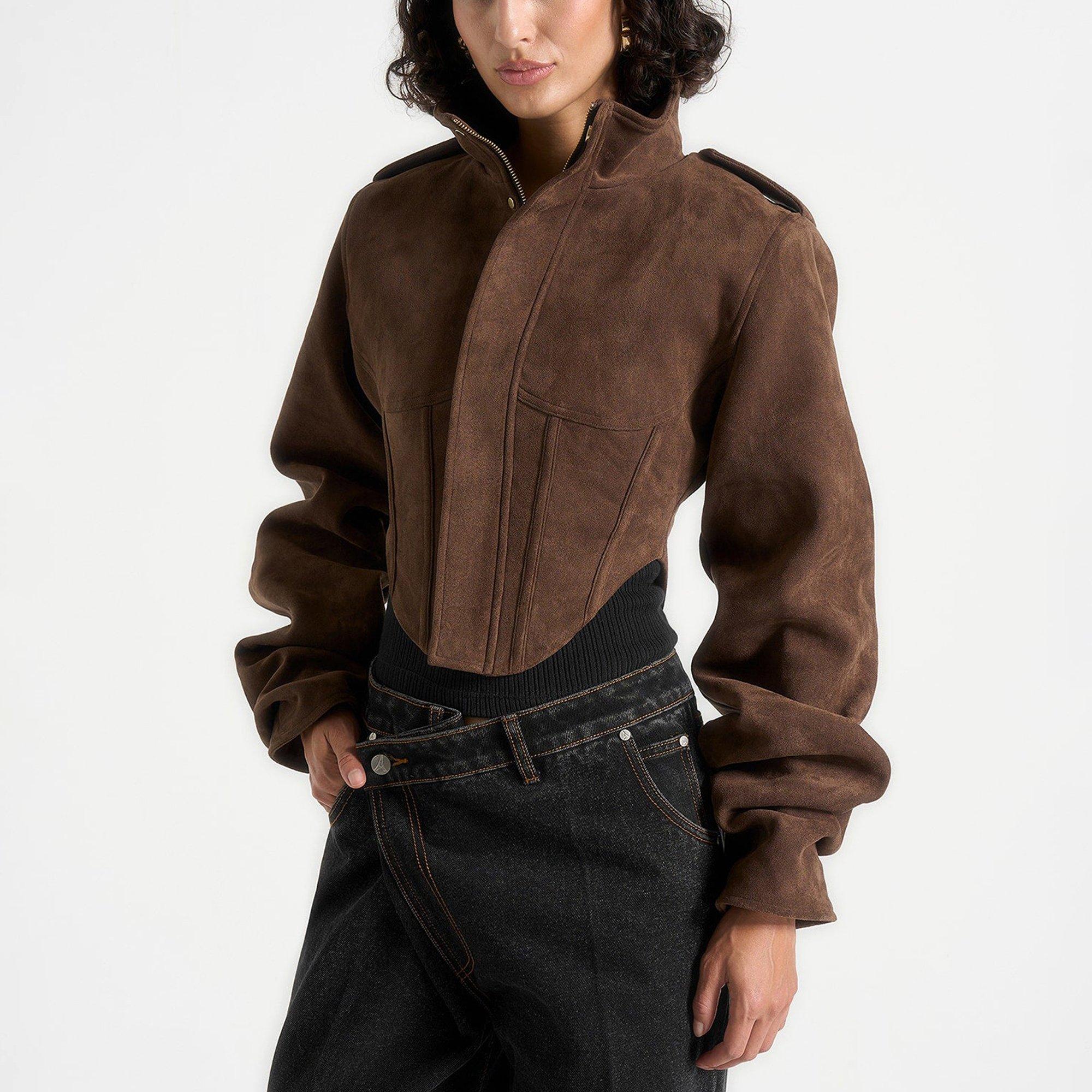 Brown Sude - Maniere De Voir - Womens Solange Vintage Leather Corset Jacket - 5