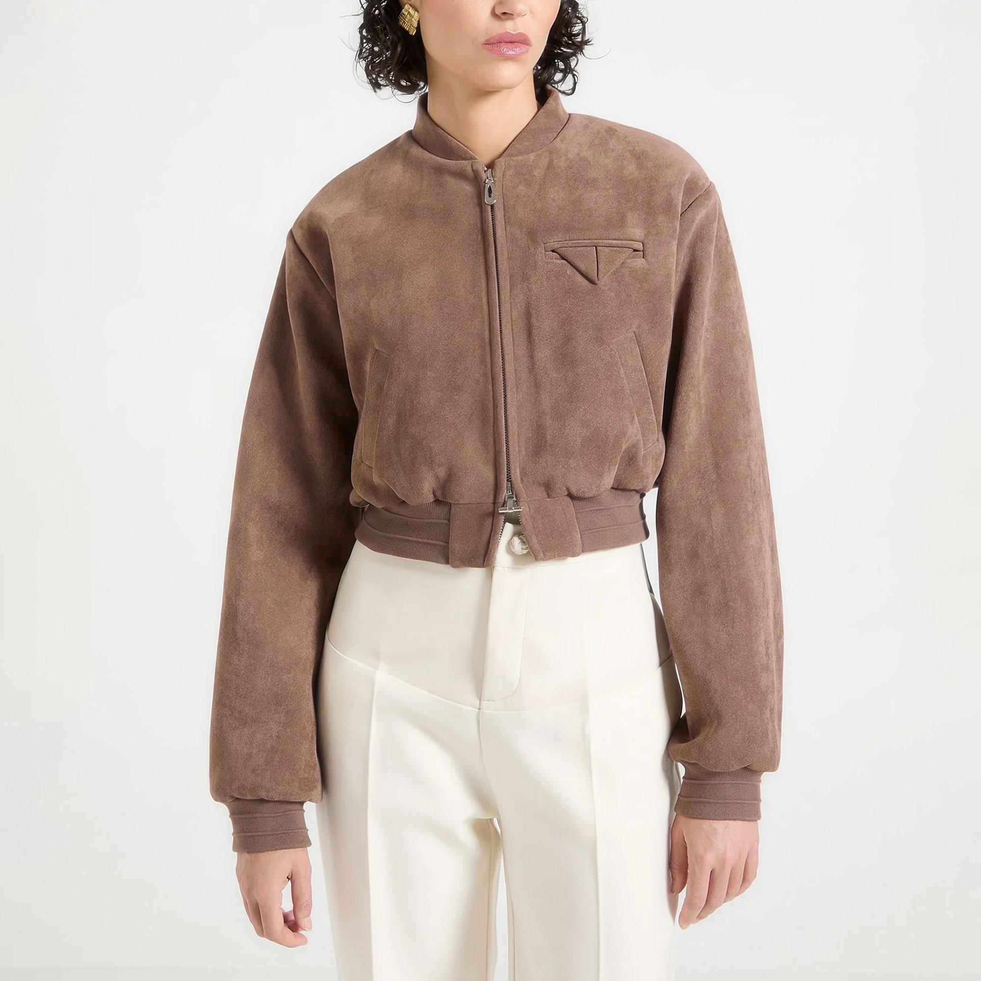 Brown - Maniere De Voir - Womens Monique Suede Wide Shoulder Bomber Jacket - 2