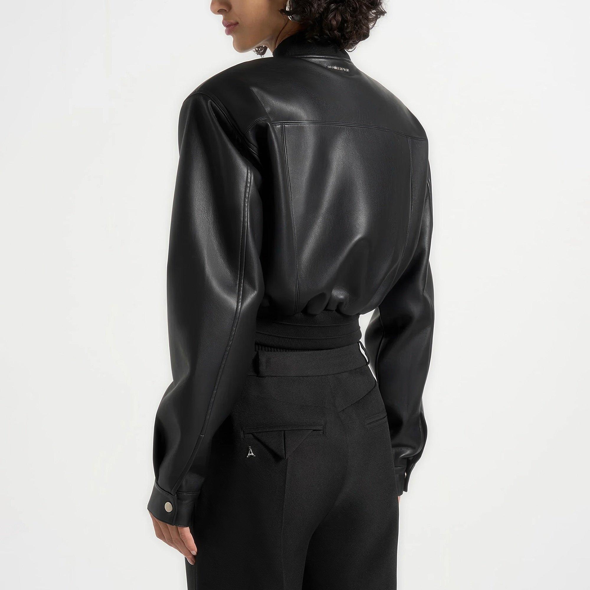 Black - Maniere De Voir - Women’s Leather Wide Shoulder Bomber Jacket - 3