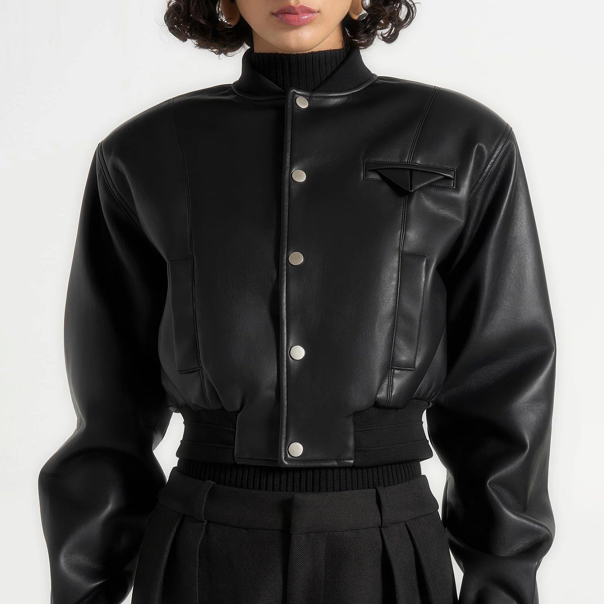 Black - Maniere De Voir - Women’s Leather Wide Shoulder Bomber Jacket - 4