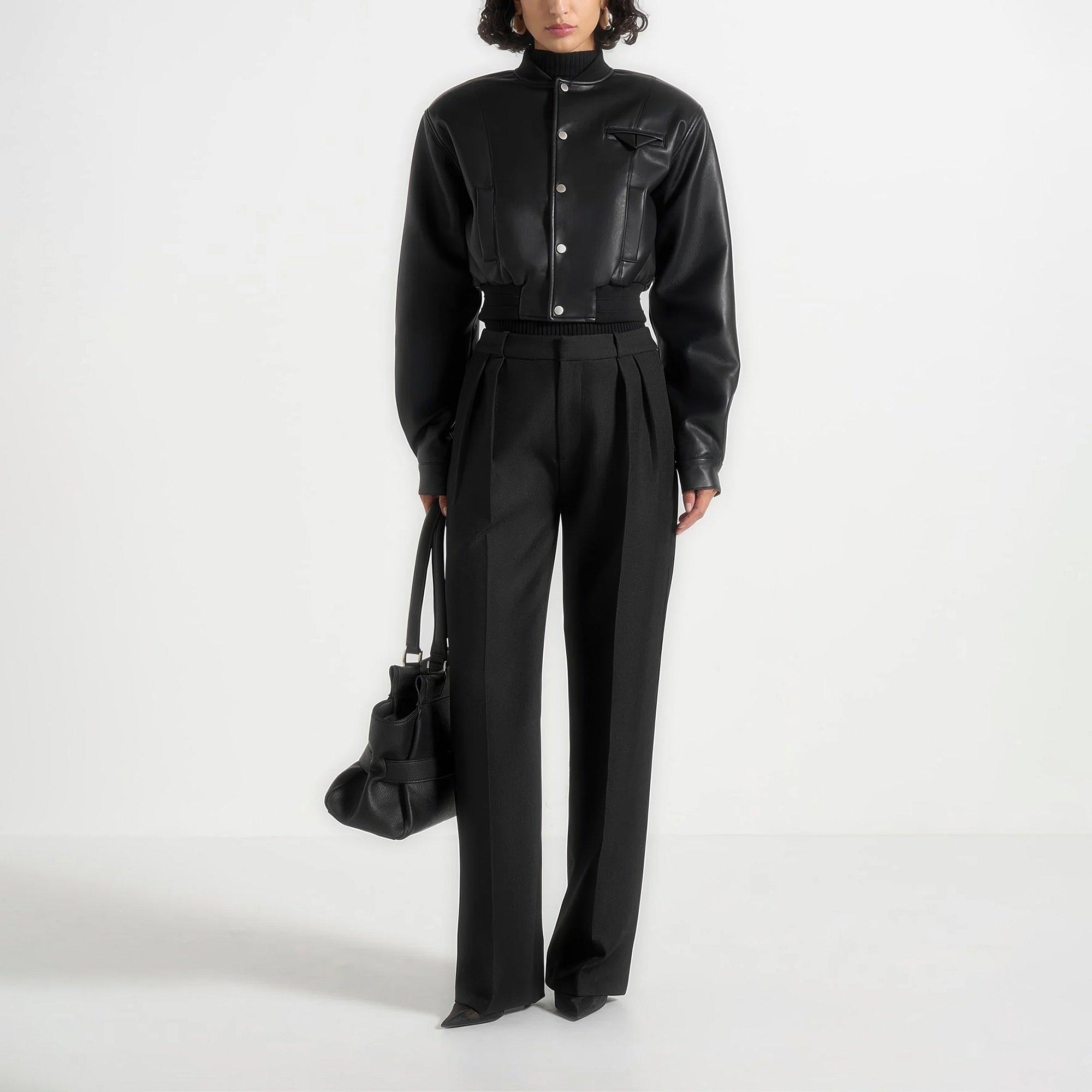 Black - Maniere De Voir - Women’s Leather Wide Shoulder Bomber Jacket - 5