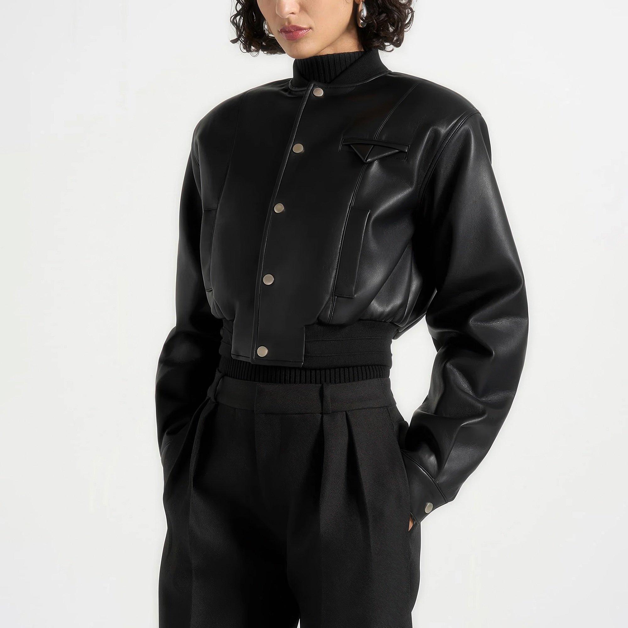 Black - Maniere De Voir - Women’s Leather Wide Shoulder Bomber Jacket - 6