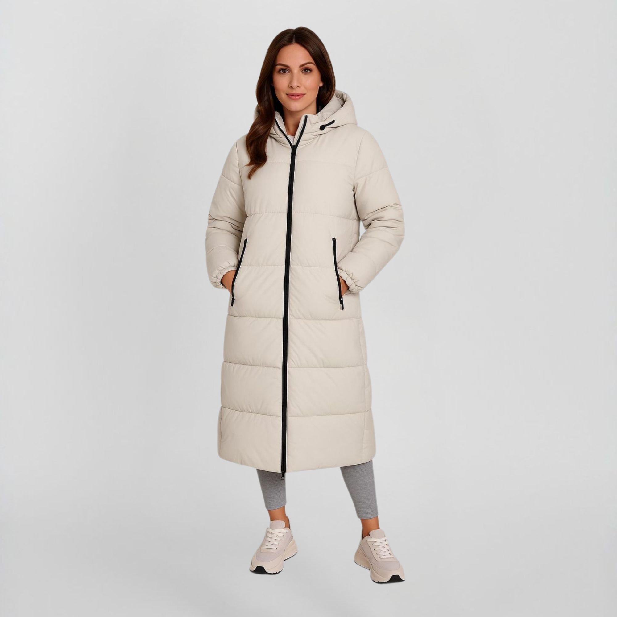 Off White - Minoti - Women long quilted winter jacket with drawstring hood and zippers cream - 2