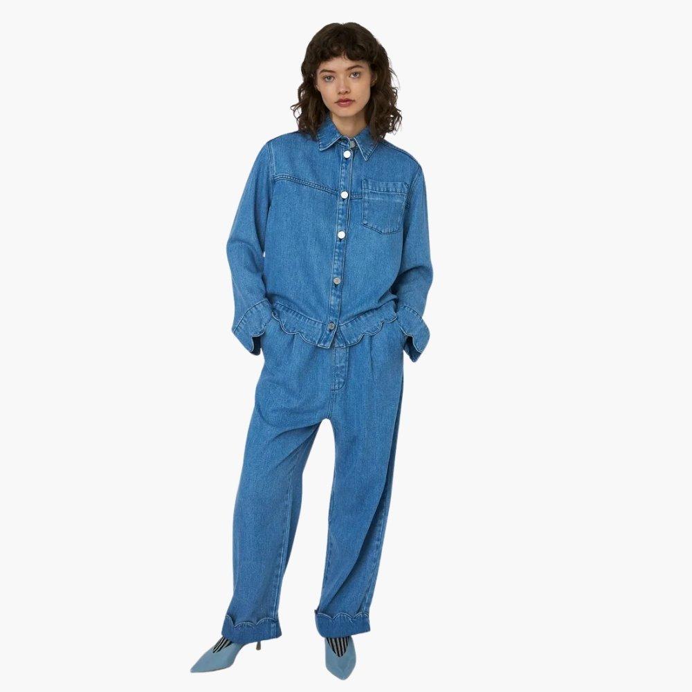 Stella Nova Stella Nova Washed Blue Shirt with Scallop Edge - Light Blue - 302 Light Blue - Size 38 (M)