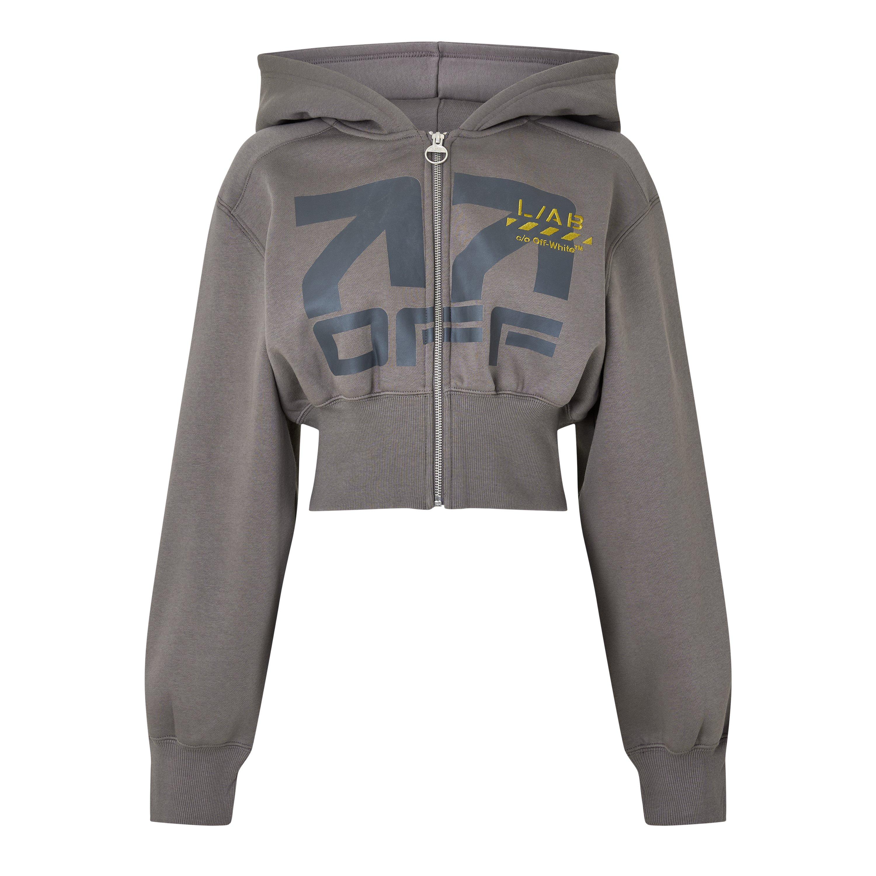 Dark Gull Grey - L AB Off White - Women's Cotton Full-Zip Oversized-Fit Cropped Hoodie - 1