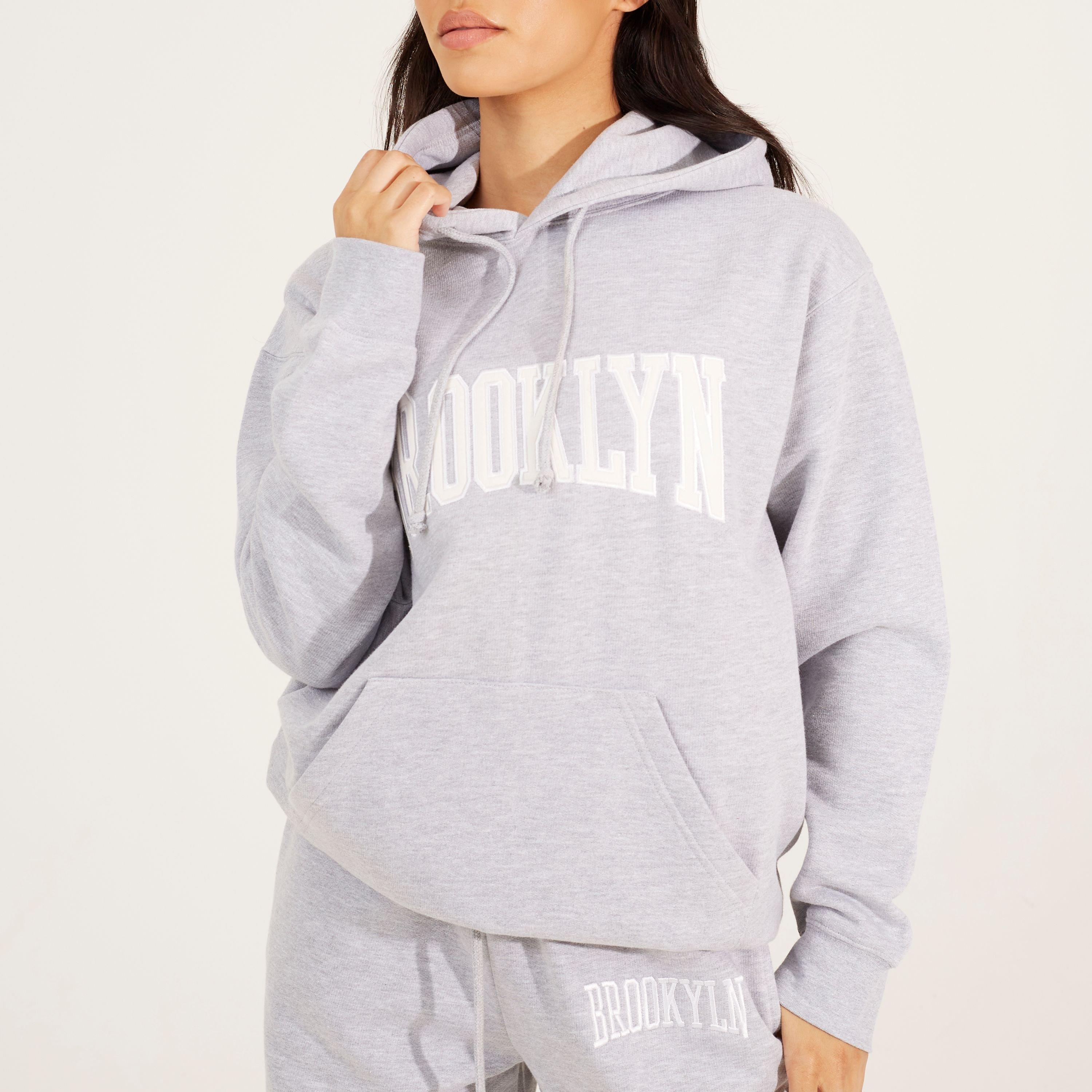 Grey Marl/White - Brave Soul - BS Womens Hooded Sweatshirt with Brooklyn Chest Print - 1