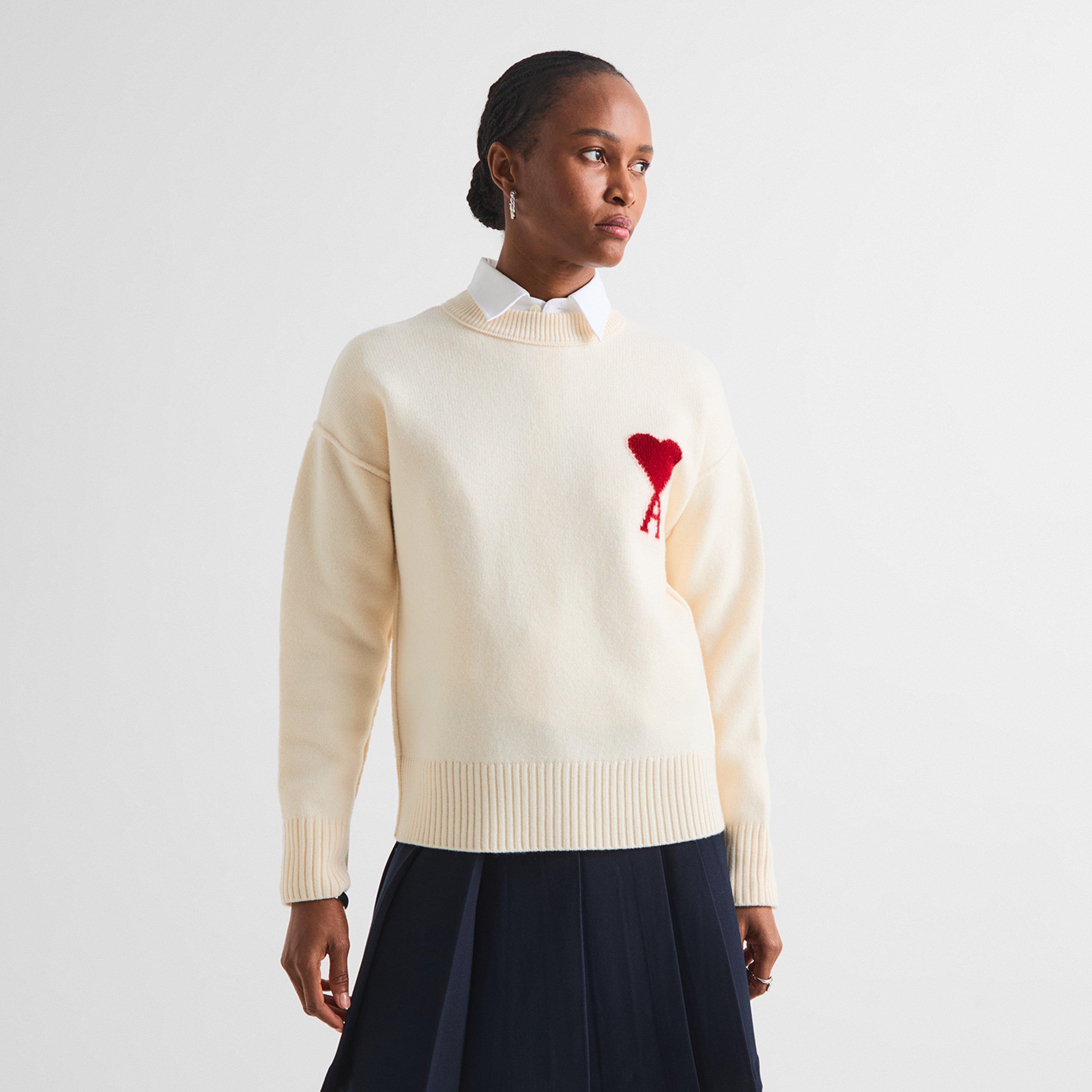 Ecru/Red - Ami Paris - Women's De Coeur Wool Crew Sweater - 3