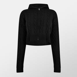 Missy Empire Cable Knit Zip Through Hooded Jacket Womens
