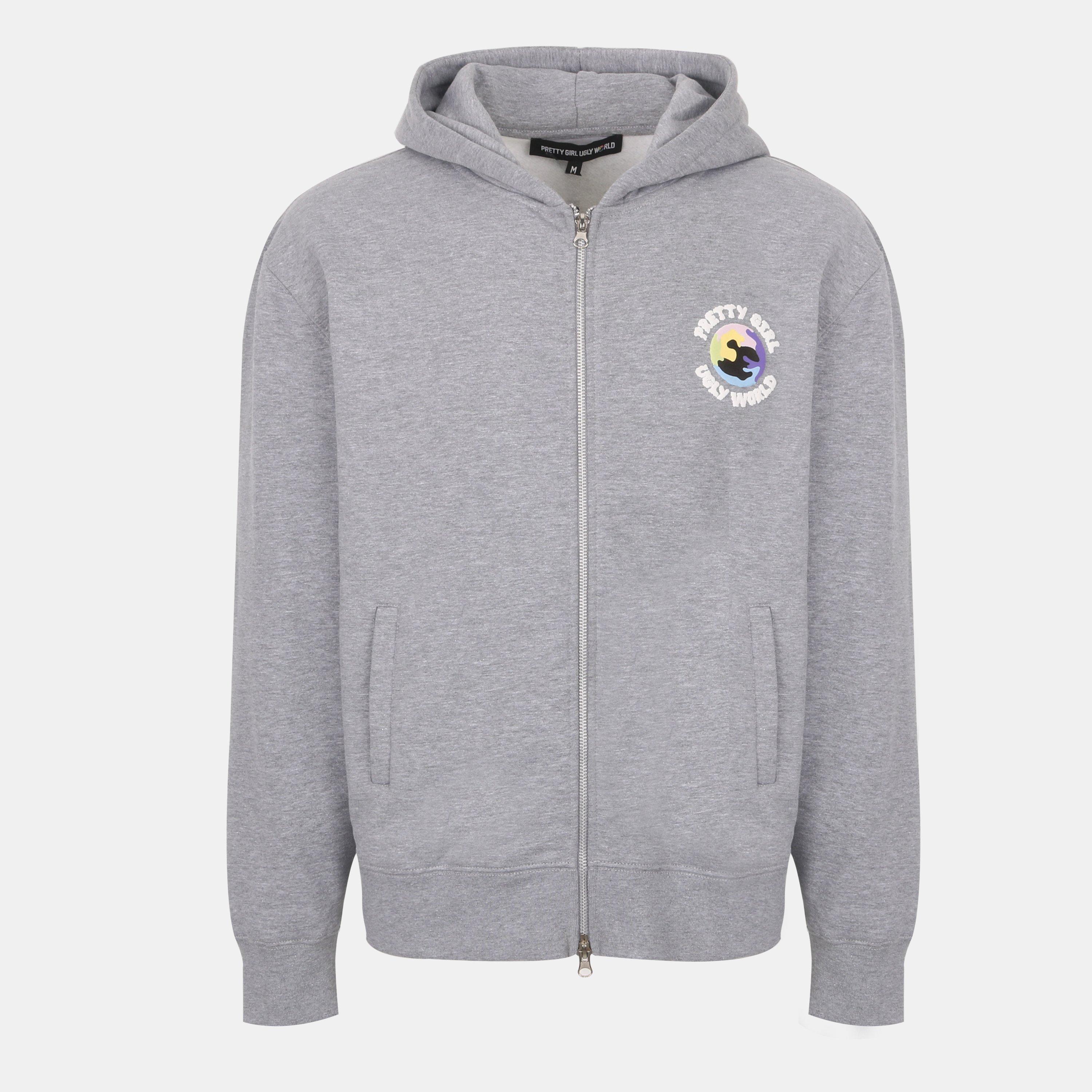 Grey Marl/White - Pretty Boy Ugly World - Women's Cotton Long Sleeve Zip Hoodie - 1