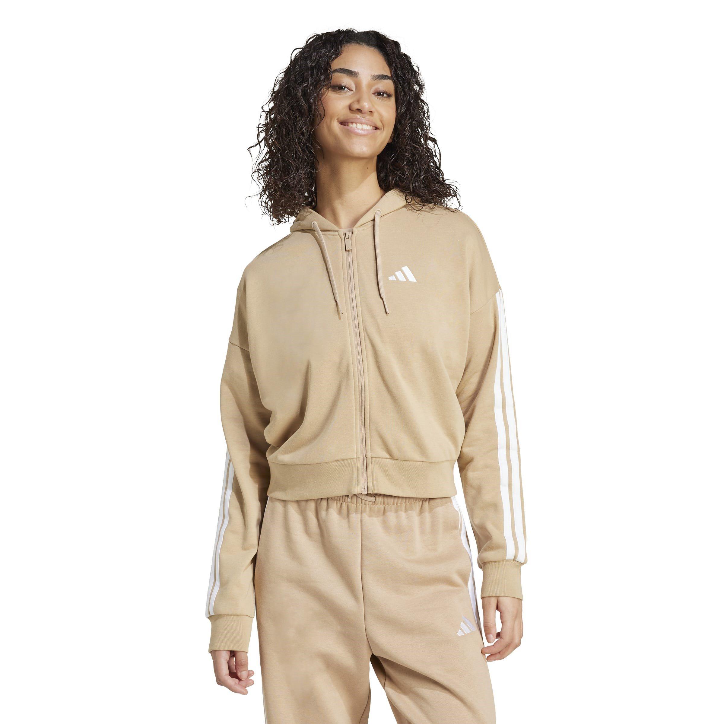 Sandstone/White - adidas - 3 Stripe Front Zip Hoodie Women - 2