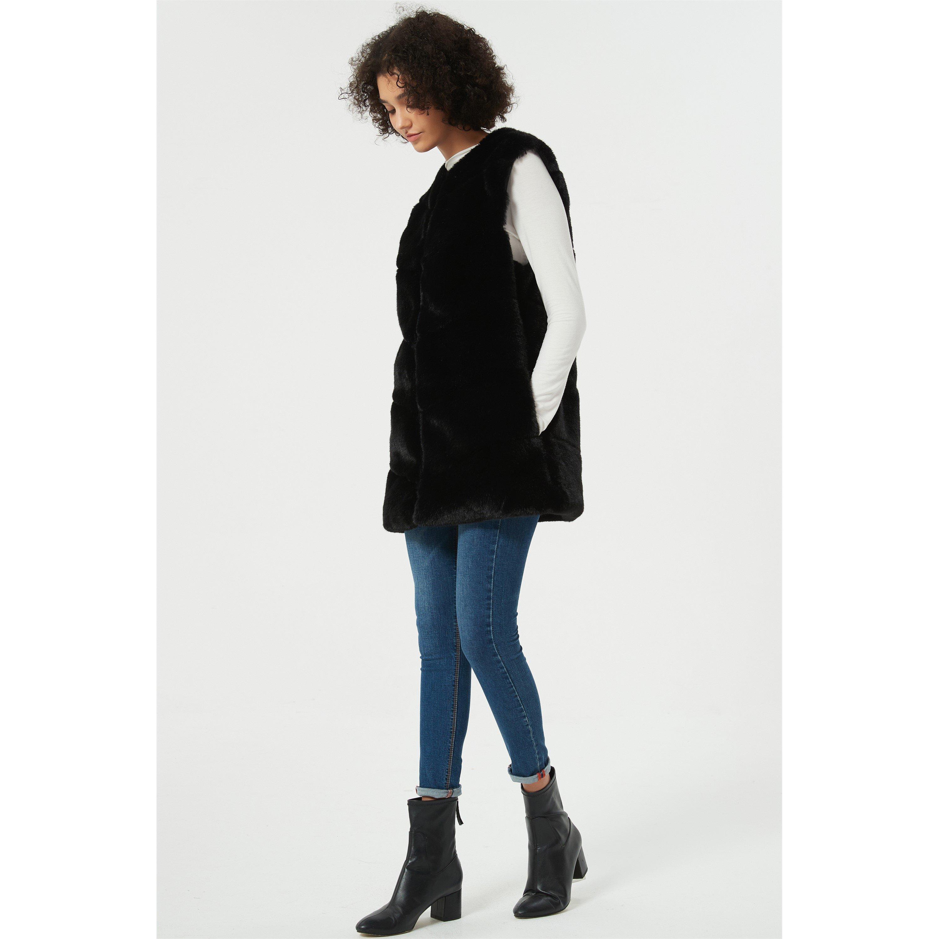 Noir - Be You - Soft Textured Without Hood Faux Fur Coat - 4