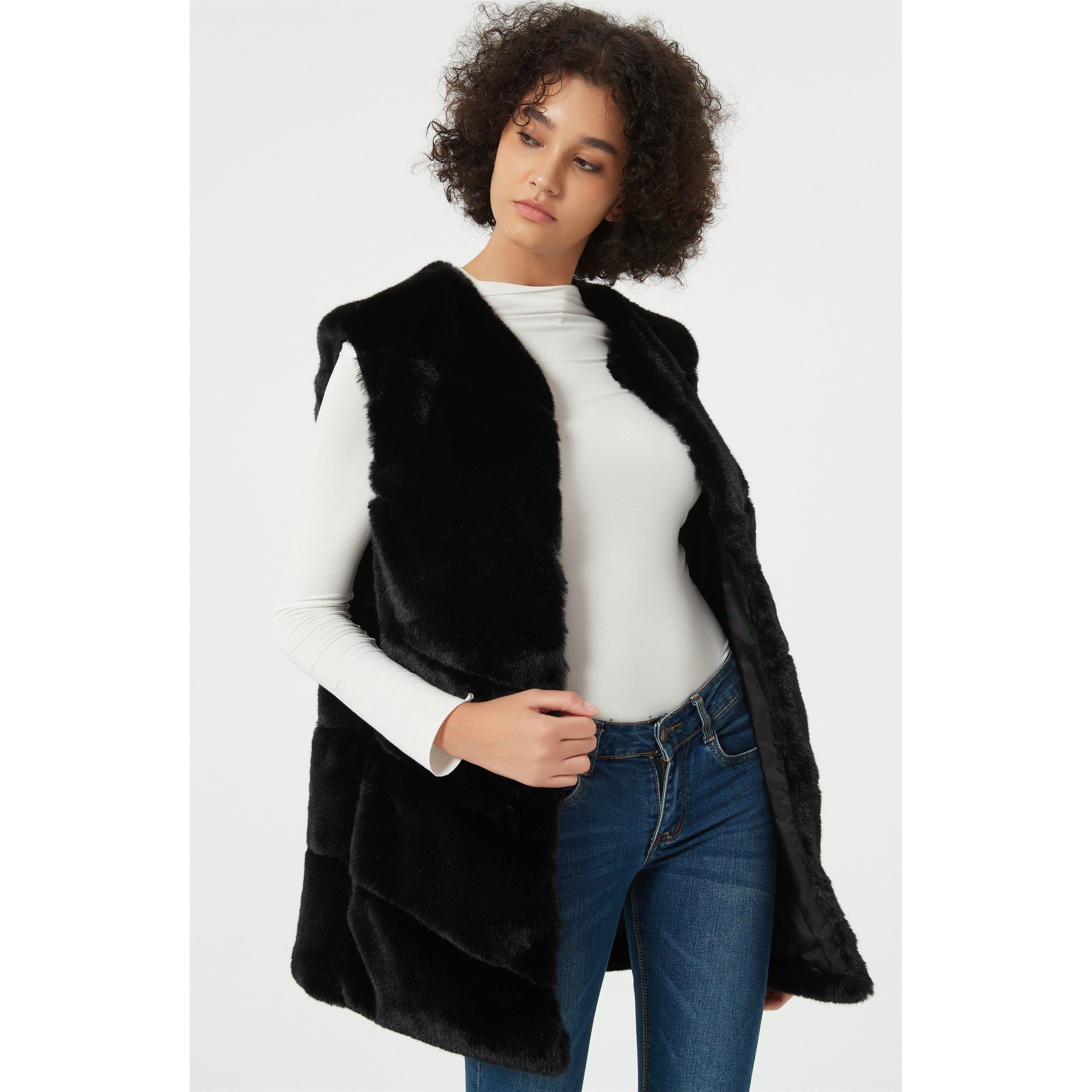 Noir - Be You - Soft Textured Without Hood Faux Fur Coat - 5