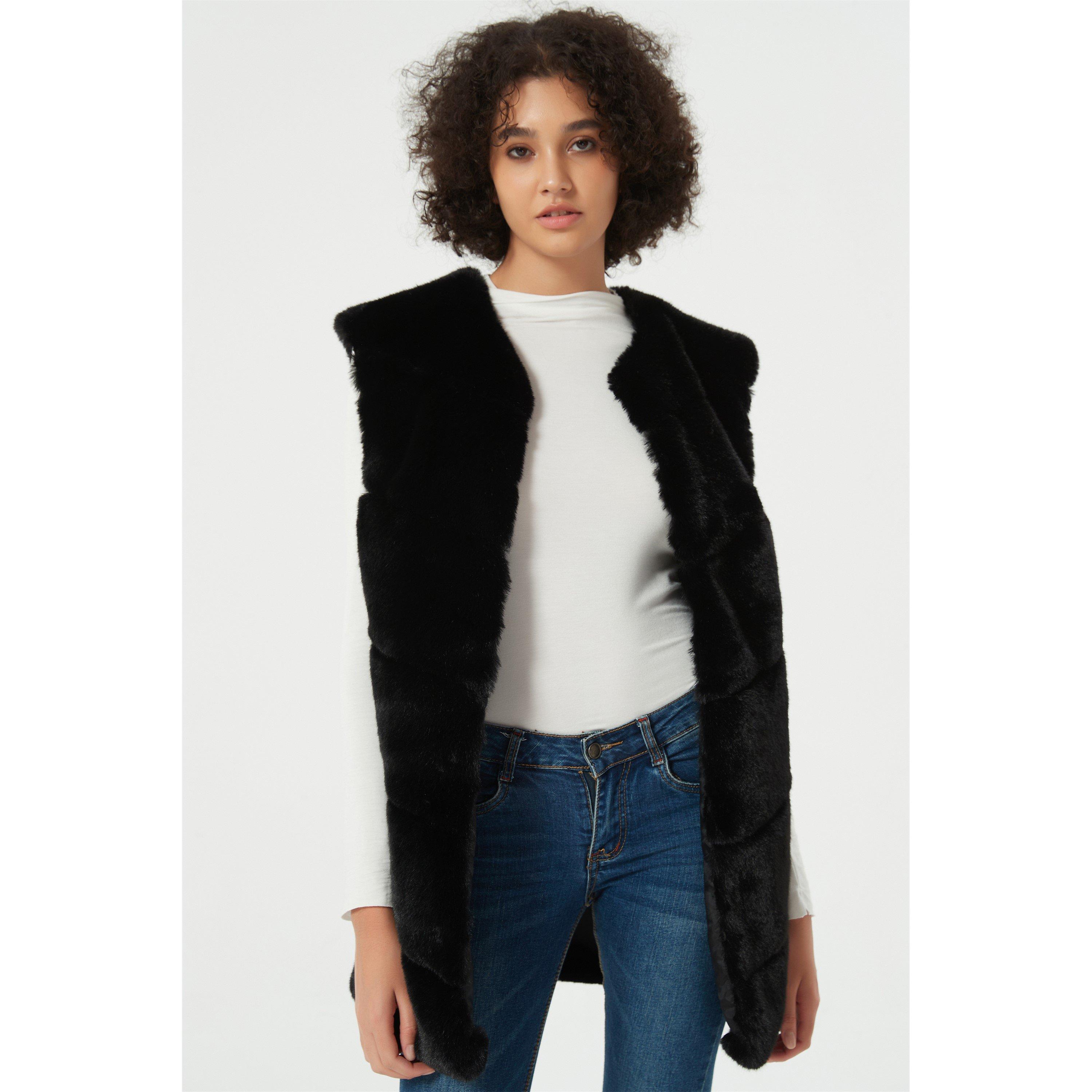 Noir - Be You - Soft Textured Without Hood Faux Fur Coat - 6