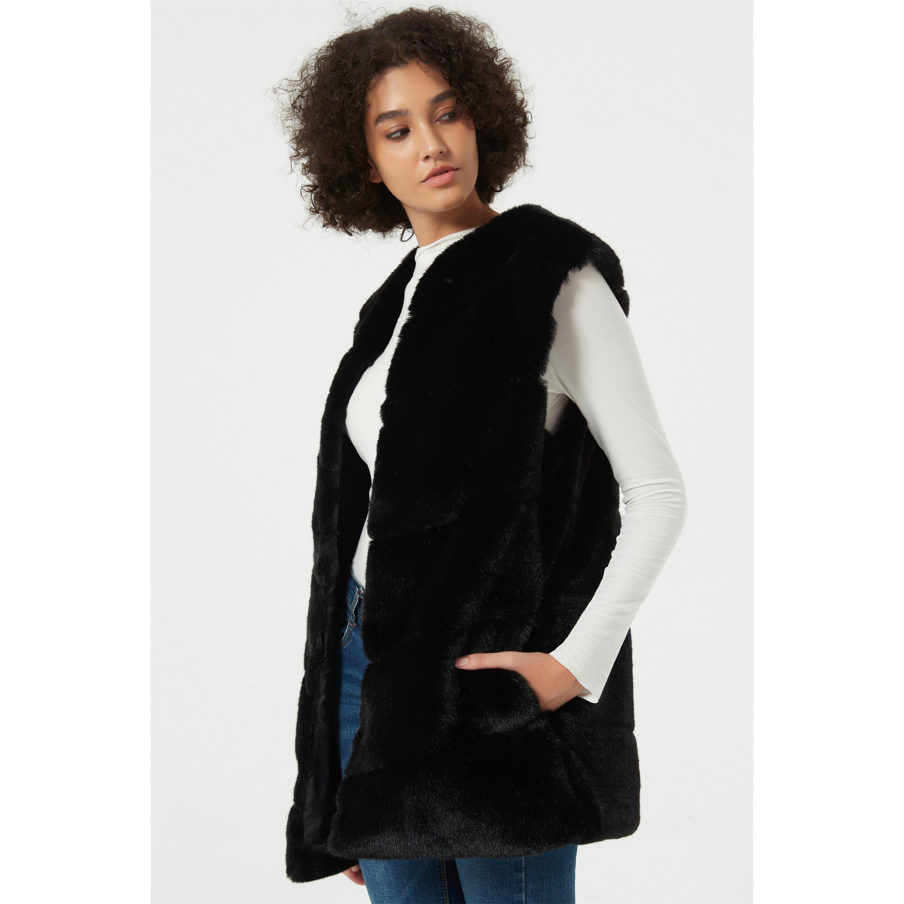 Noir - Be You - Soft Textured Without Hood Faux Fur Coat - 7