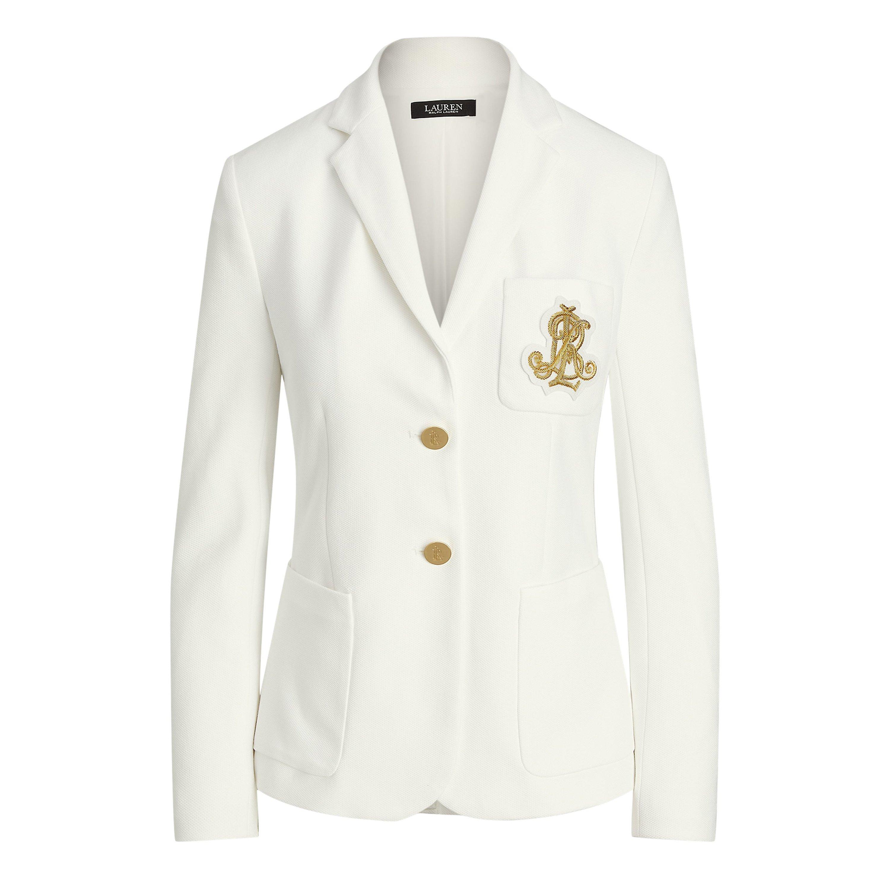 Lauren By Ralph Lauren Women's White Anfisa Cotton Long Sleeve Monogram Blazer - 14 (L)