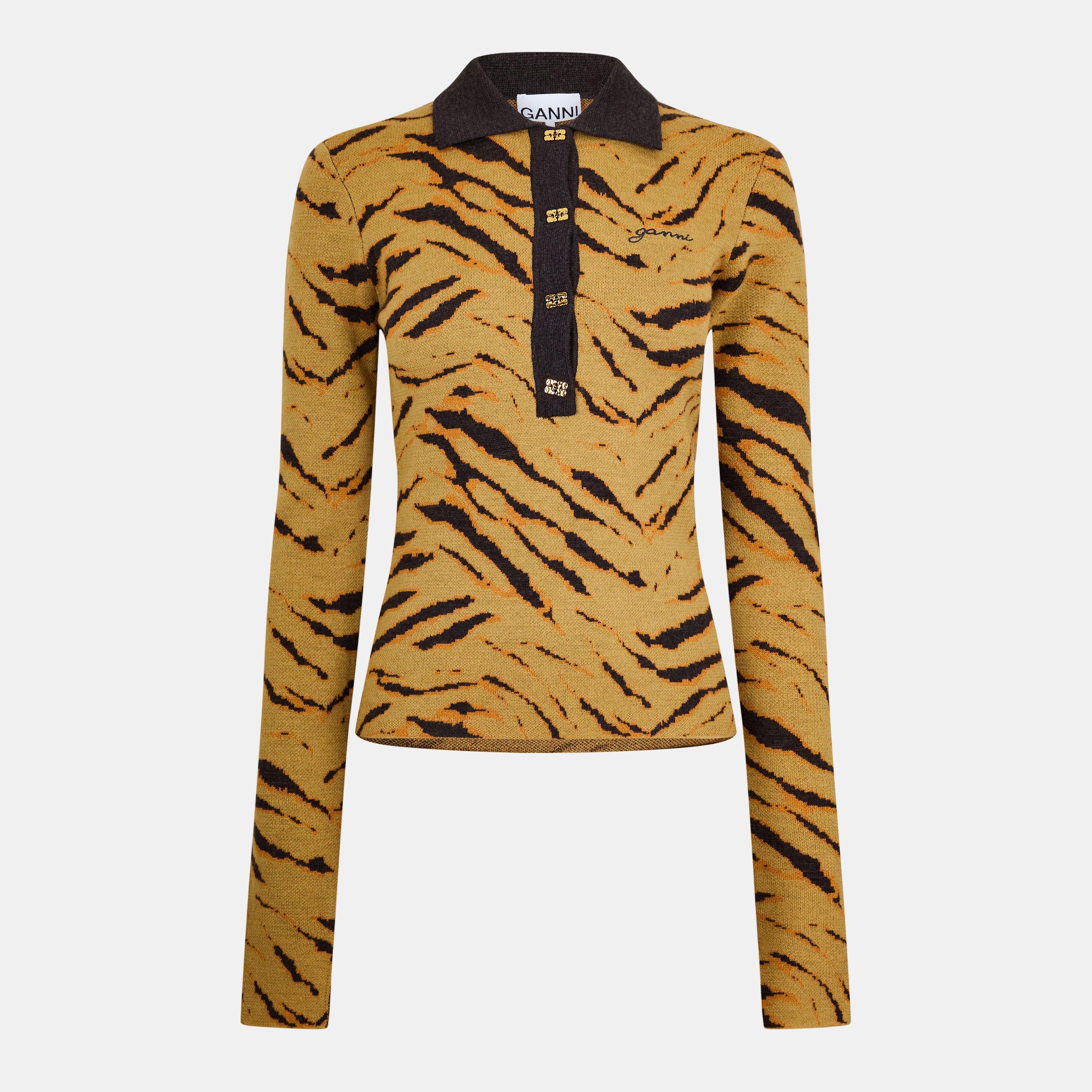 Ganni Polo Leopard Top - Khaki Zebra - Size 16 (42)