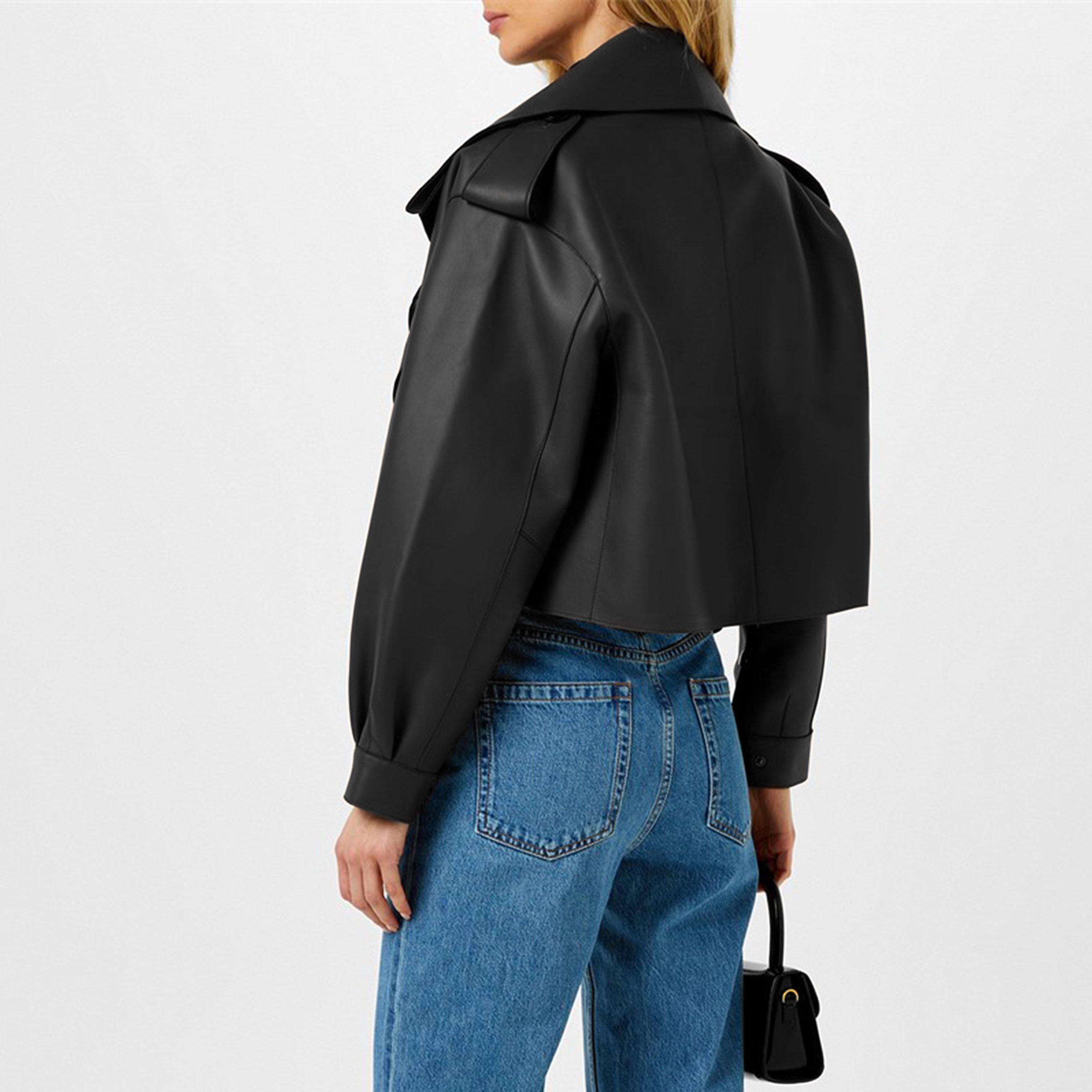 Black - Jane and Tash - Women's Oversized Cropped Leather Long Sleeve Oversized Fit Jacket - 2