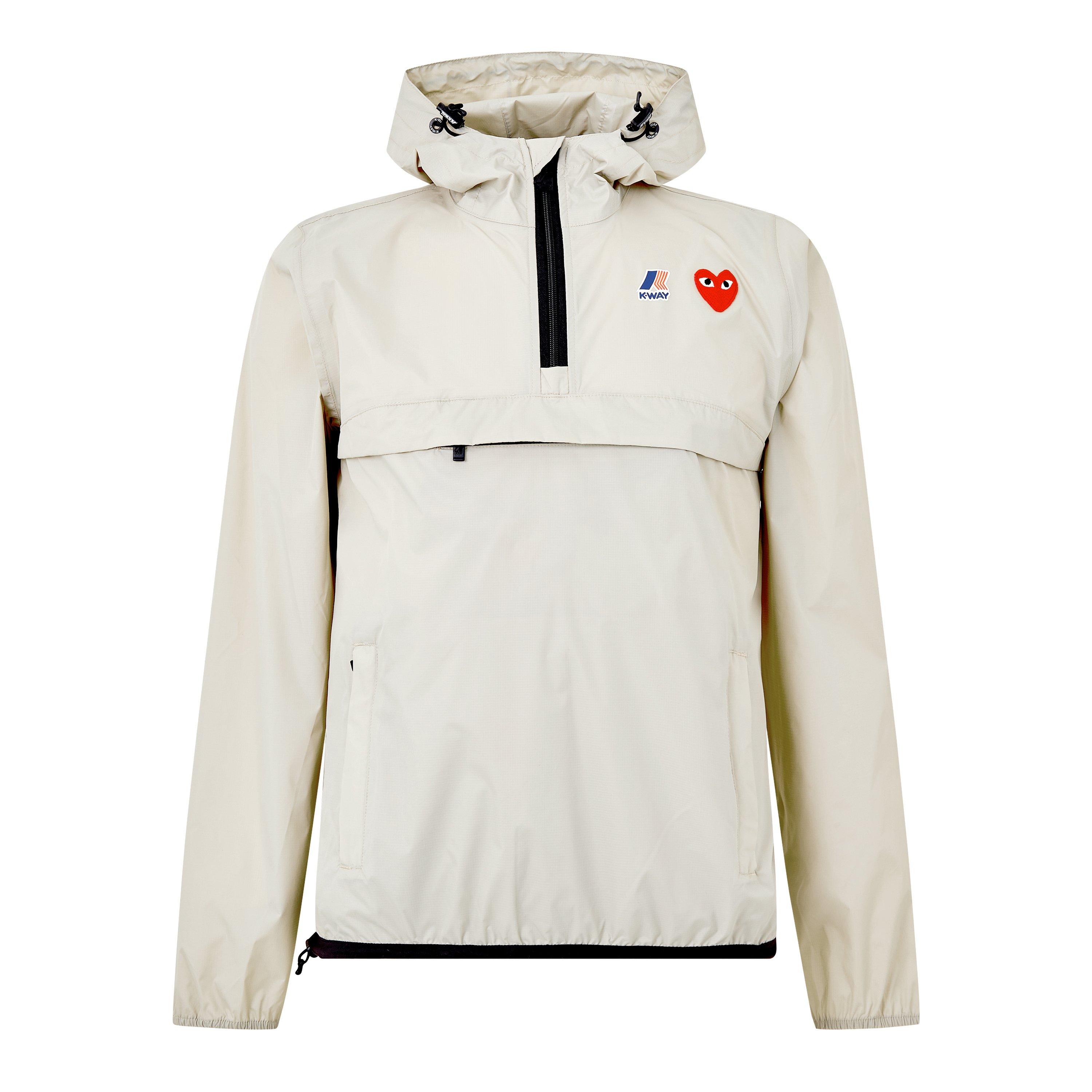 Beige - Comme des Garcons PLAY - Unisex Adults Water Resistant Nylon Half Zip Hooded Rain Anorak - 1