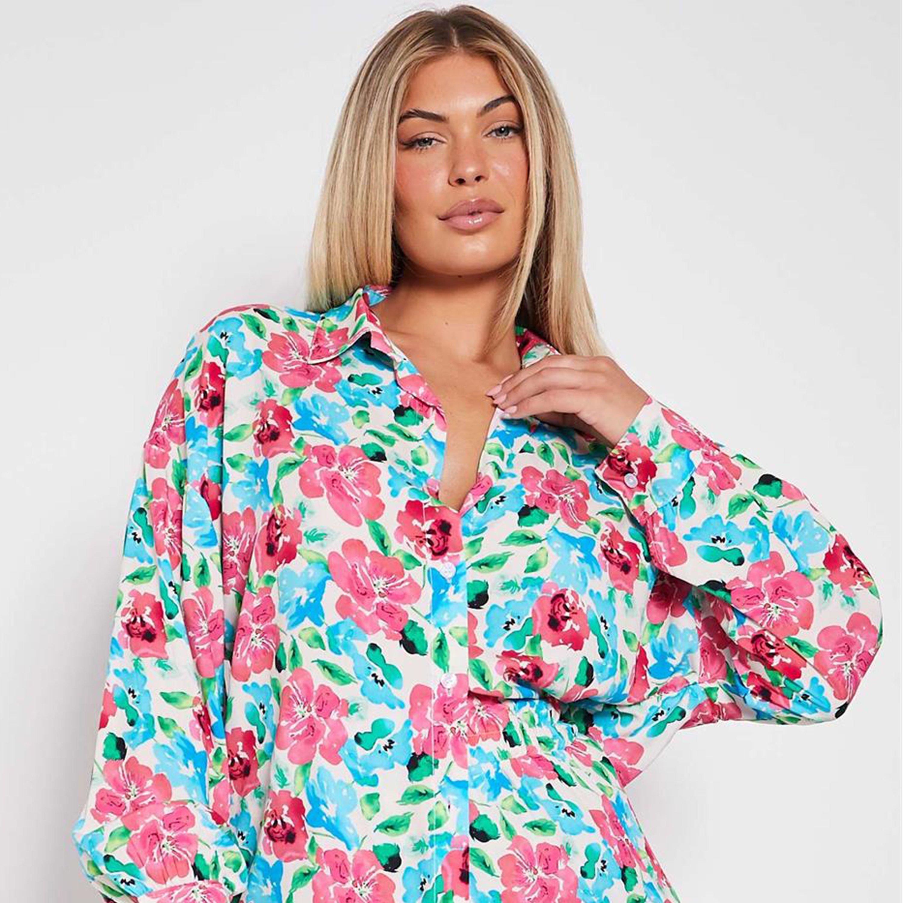 I Saw It First ISAWITFIRST Printed Long Sleeve Button Front Oversized Shirt