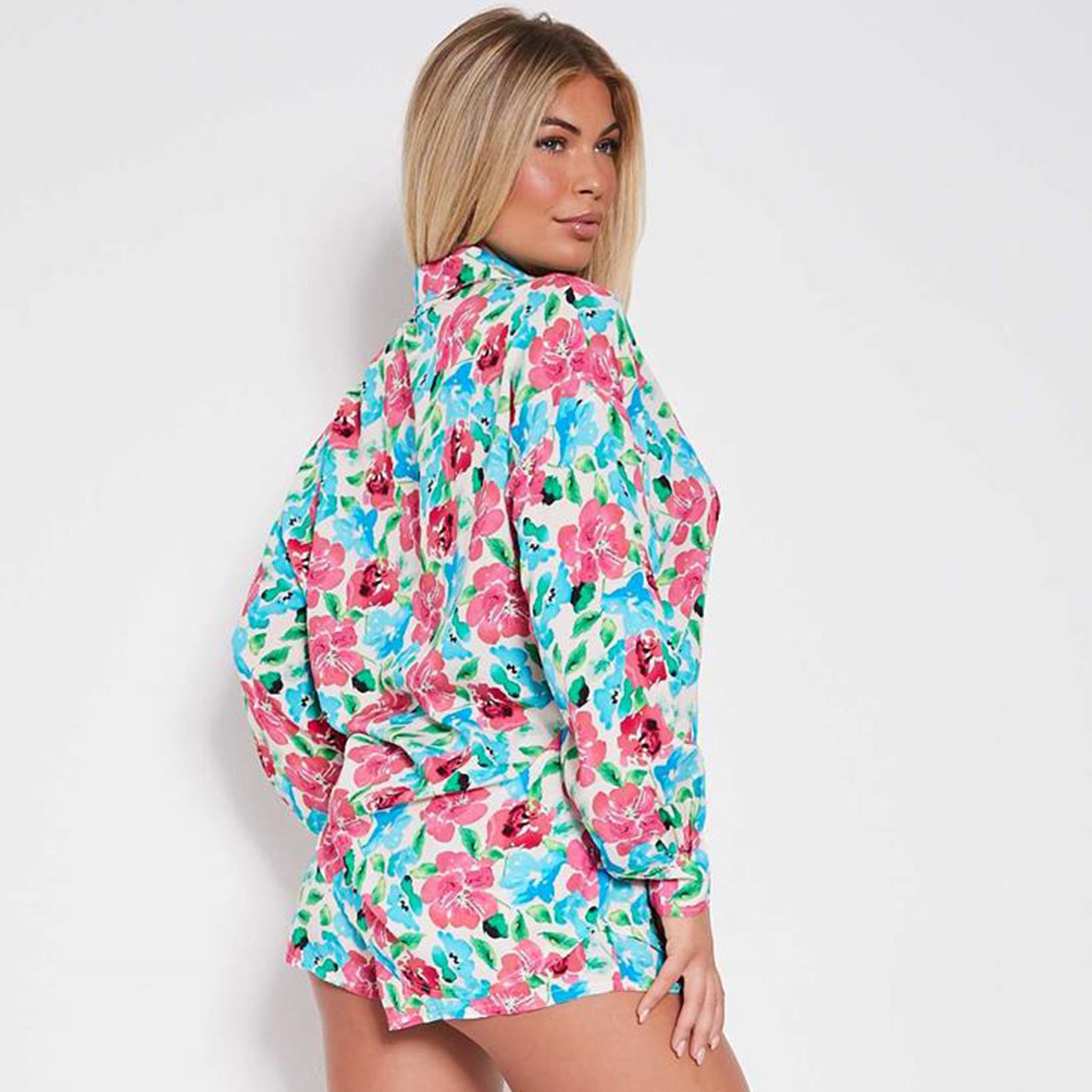 Blu - I Saw It First - ISAWITFIRST Printed Long Sleeve Button Front Oversized Shirt - 4