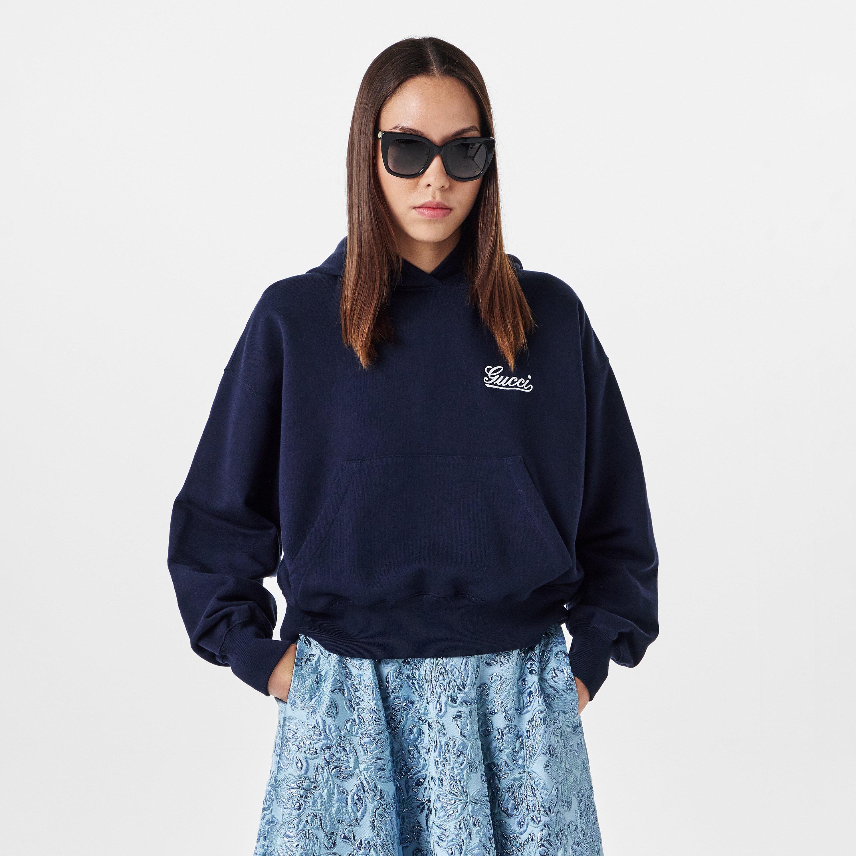 Navy/Mix - Gucci - Women's Logo Cotton Hooded Sweatshirt - 3