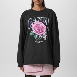 Ganni Rose Print Crew Long Sleeve T Shirt