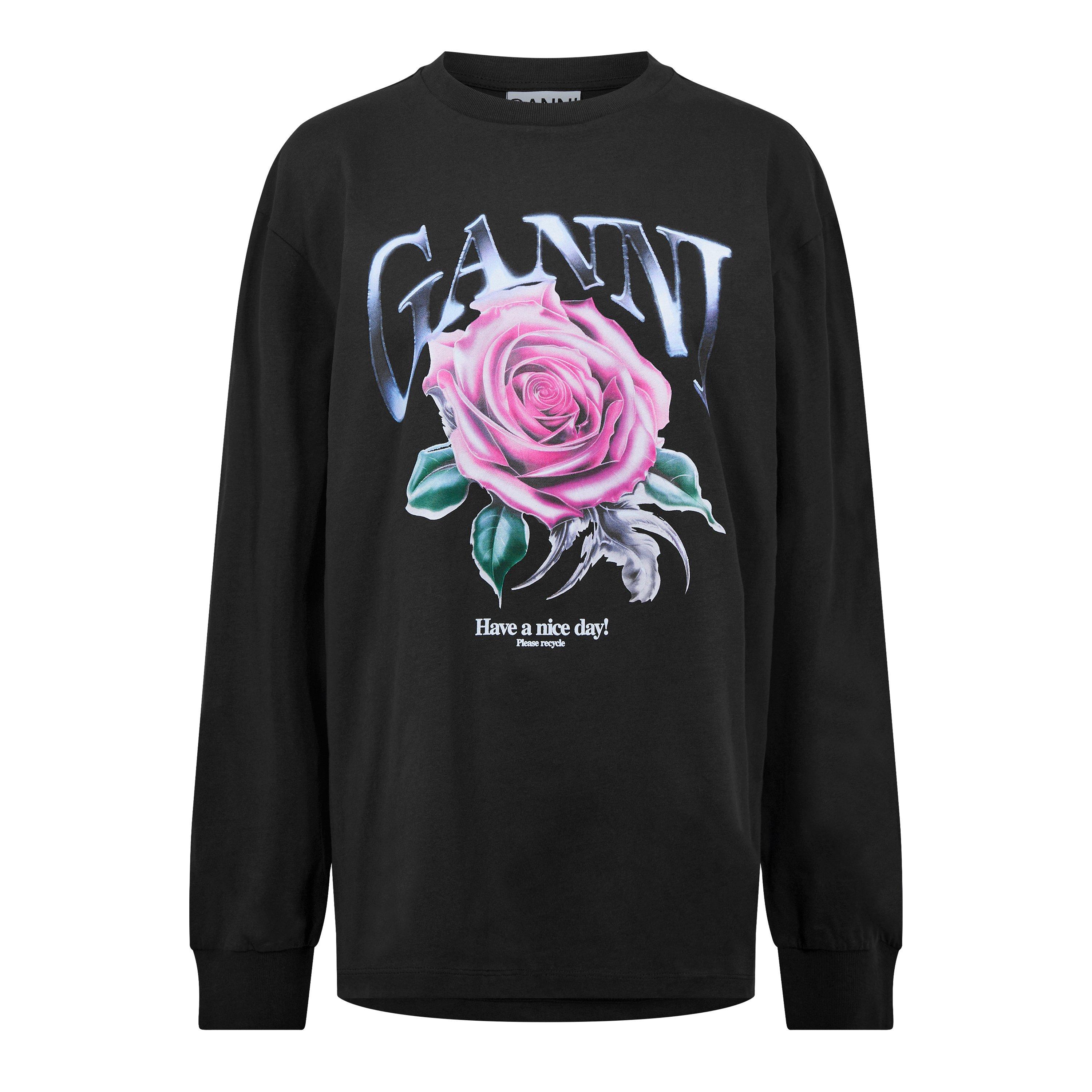 Phantom - Ganni - Rose Print Crew Long-Sleeve T-Shirt - 5