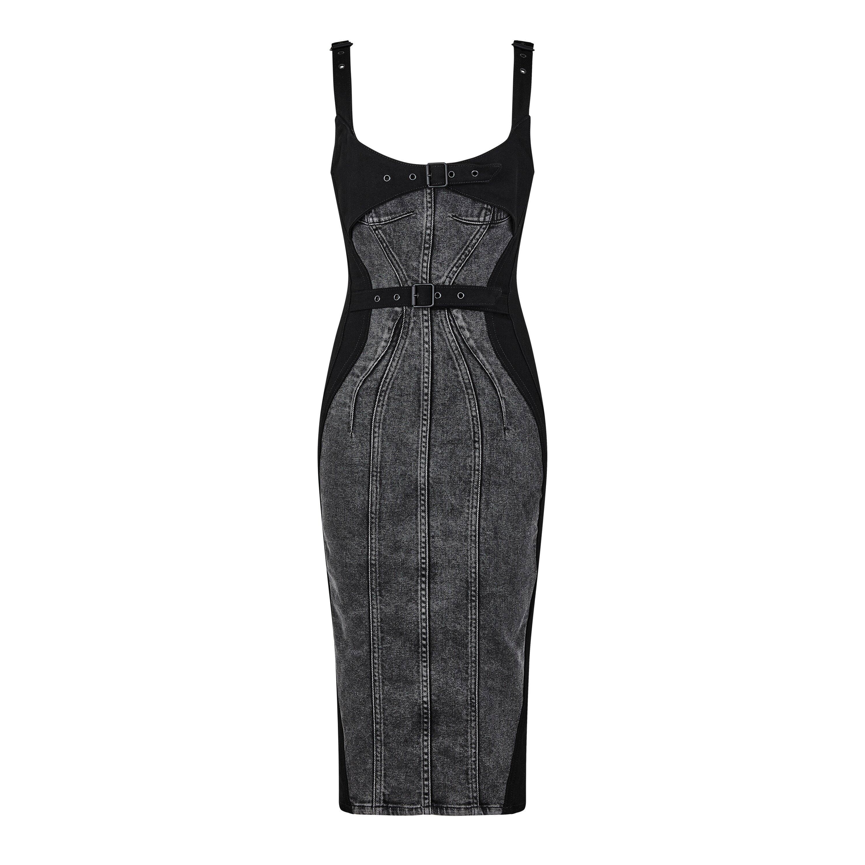 Washed Black - Mugler - Women's Washed Buckled Denim Bodycon Dress - 5