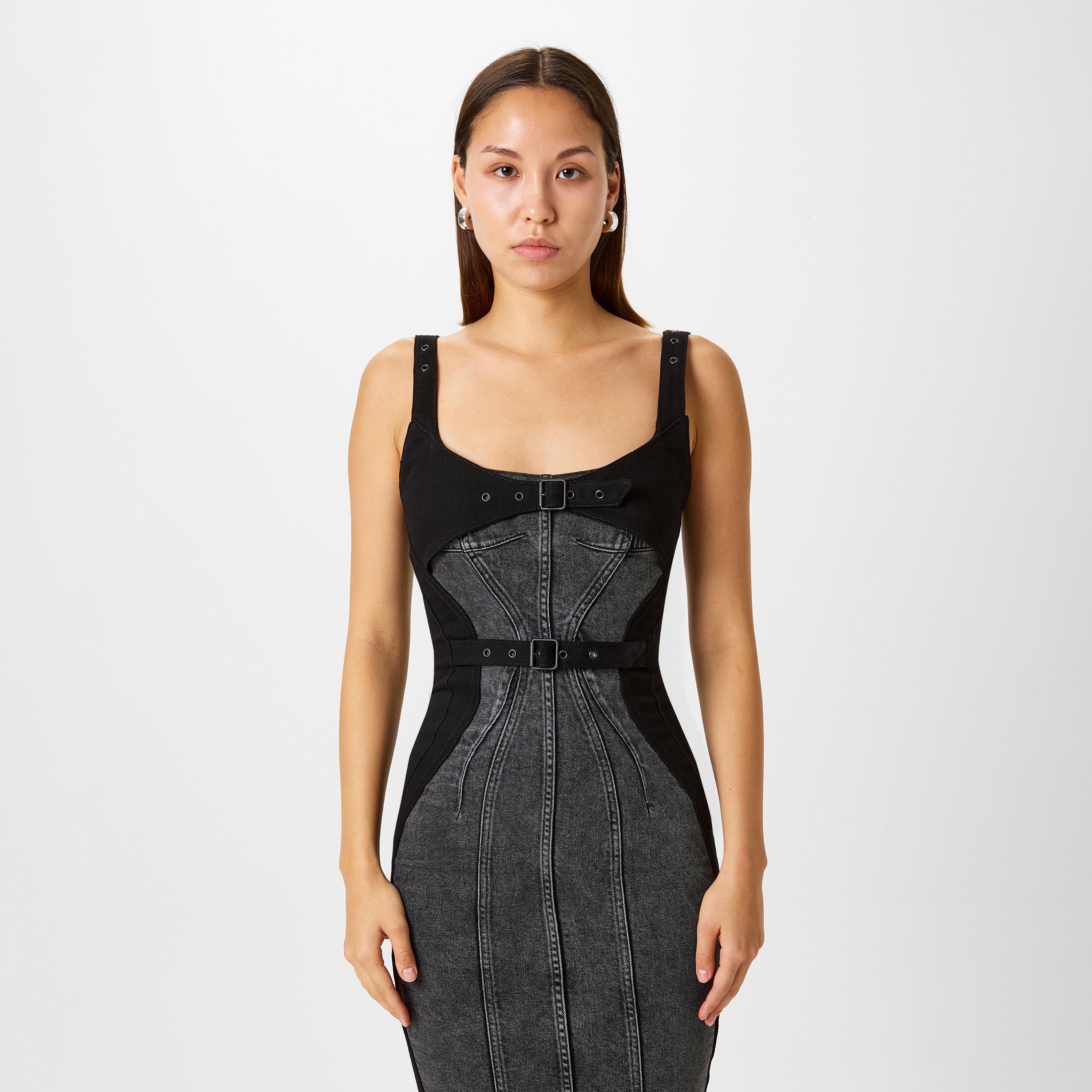 Washed Black - Mugler - Women's Washed Buckled Denim Bodycon Dress - 4