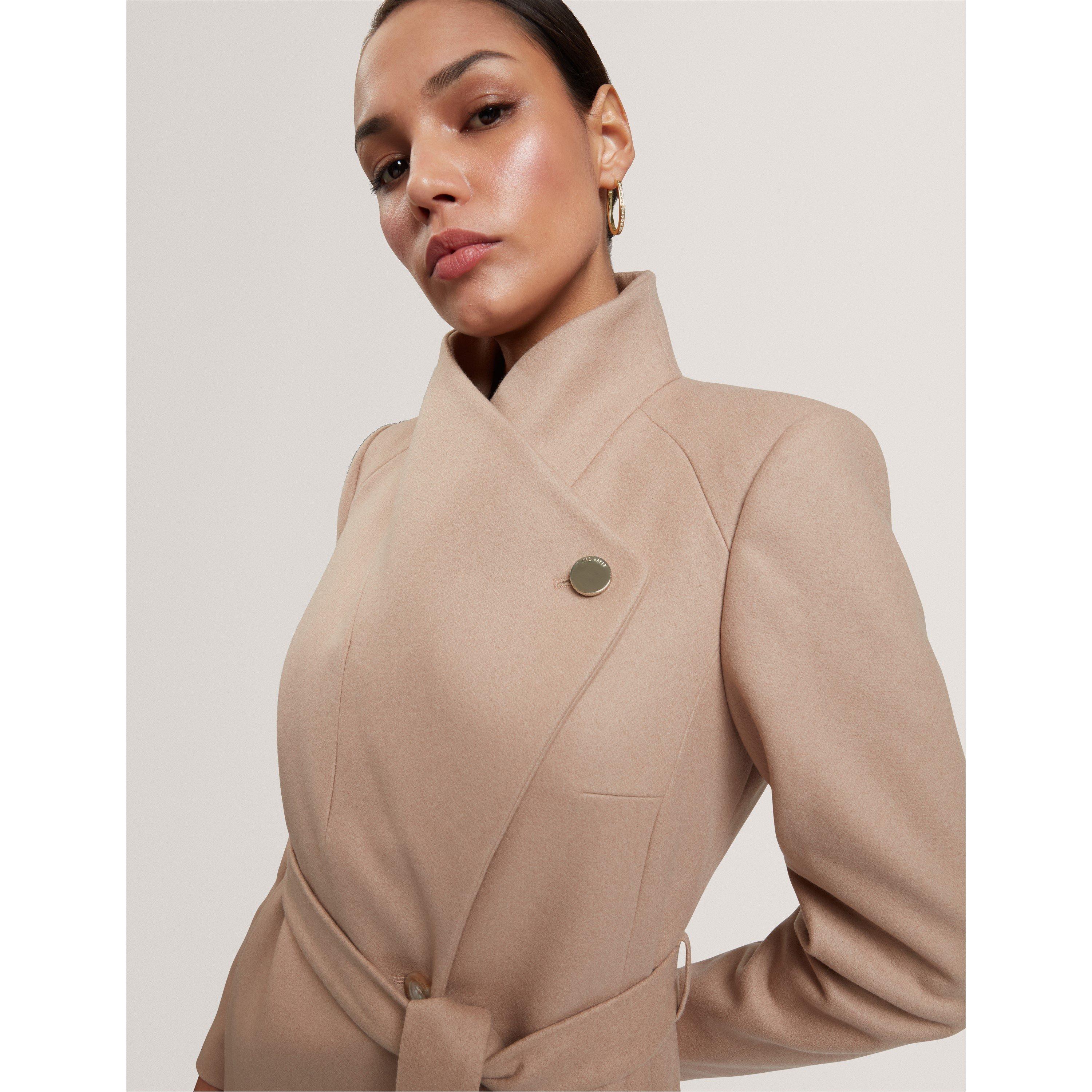 Camel - Ted Baker - Womens Rose Belted Midi Wool Long Sleeve Coat - 6