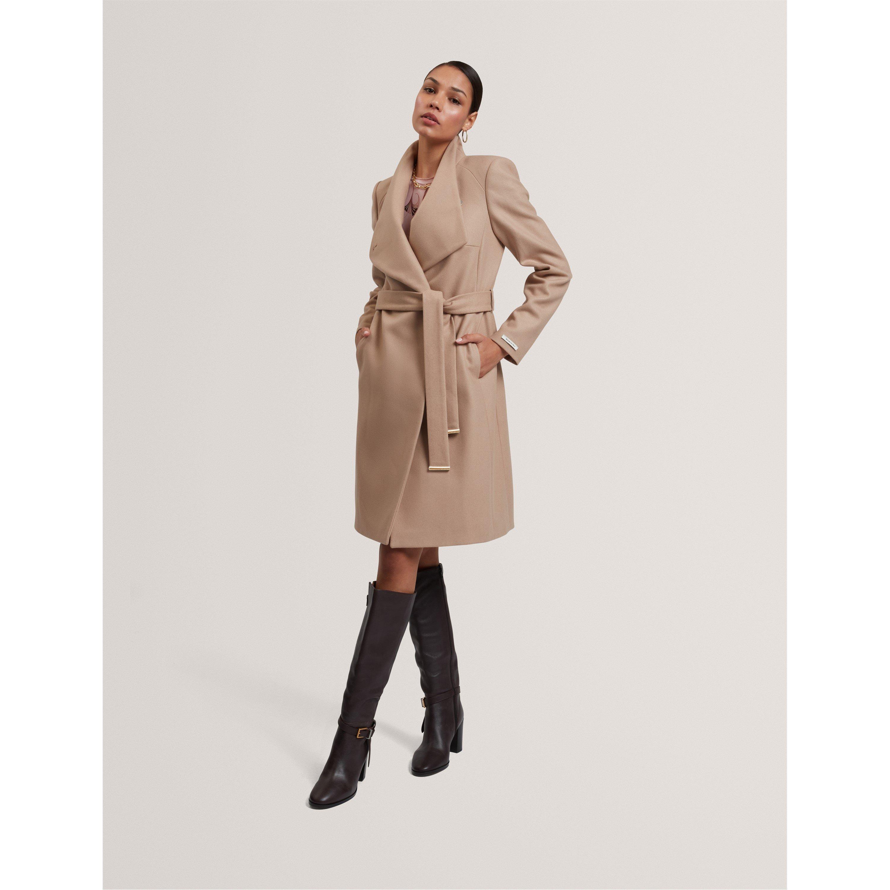 Camel - Ted Baker - Womens Rose Belted Midi Wool Long Sleeve Coat - 7