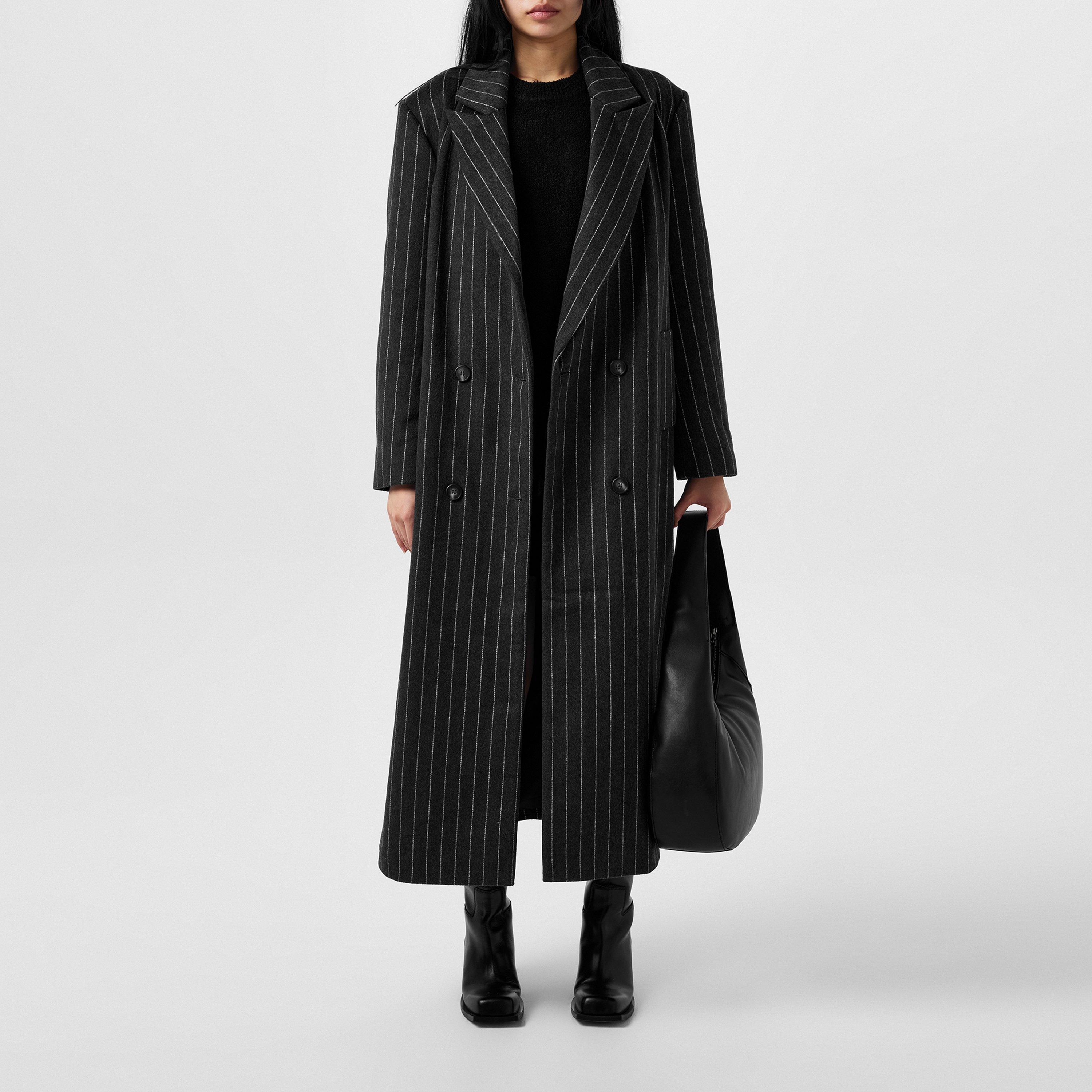 Charcoal/White - Pretty Lavish - Women's Briar Pinstripe Long Sleeve Lapel Overcoat - 1