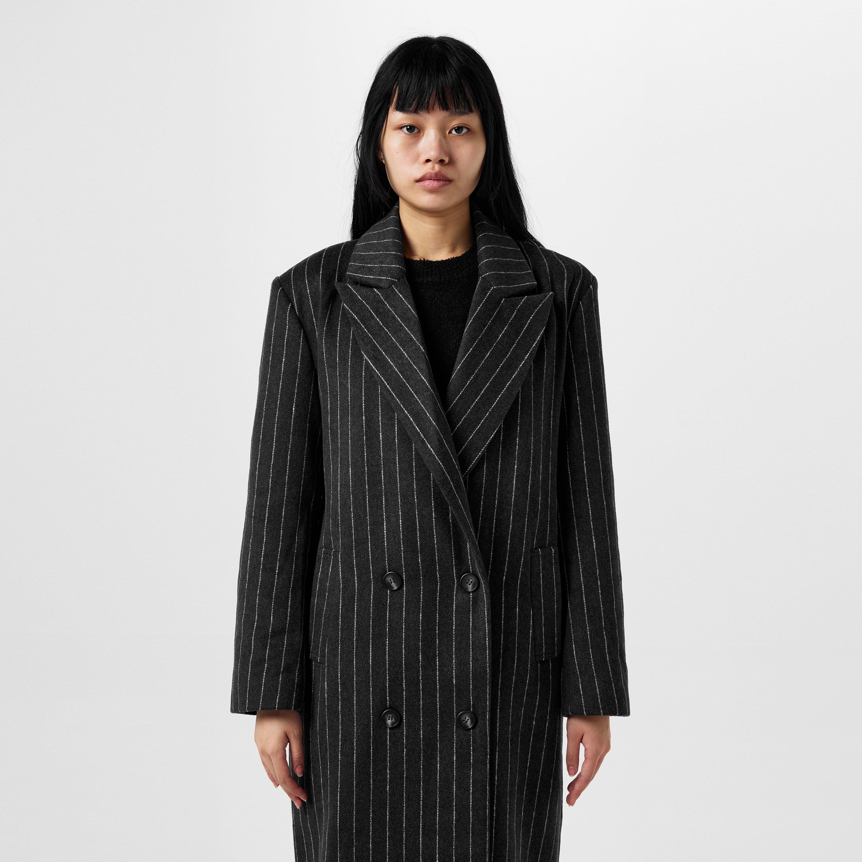 Charcoal/White - Pretty Lavish - Women's Briar Pinstripe Long Sleeve Lapel Overcoat - 4