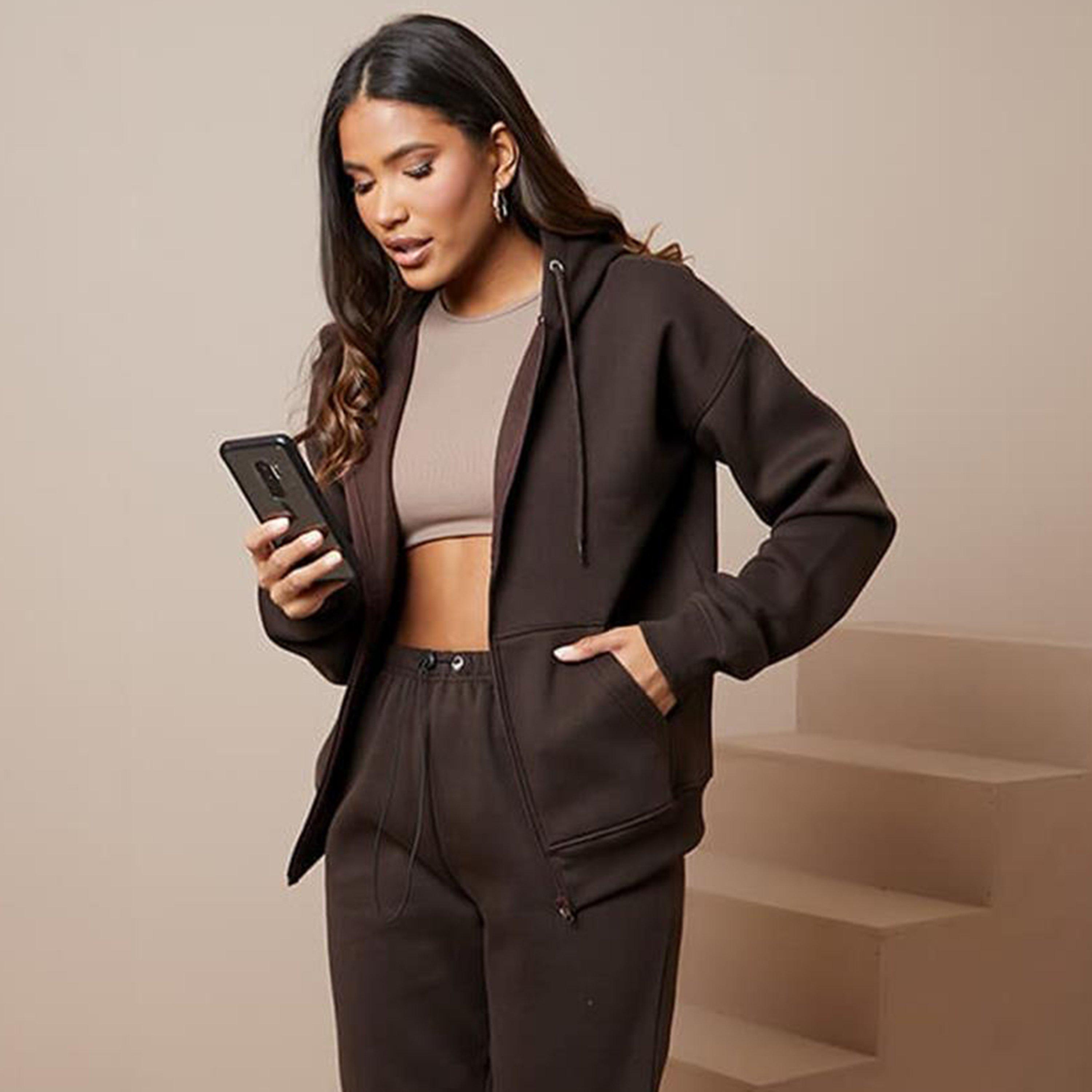 Marrón - I Saw It First - ISAWITFIRST Oversized Zip Front Hoodie With Pockets - 2