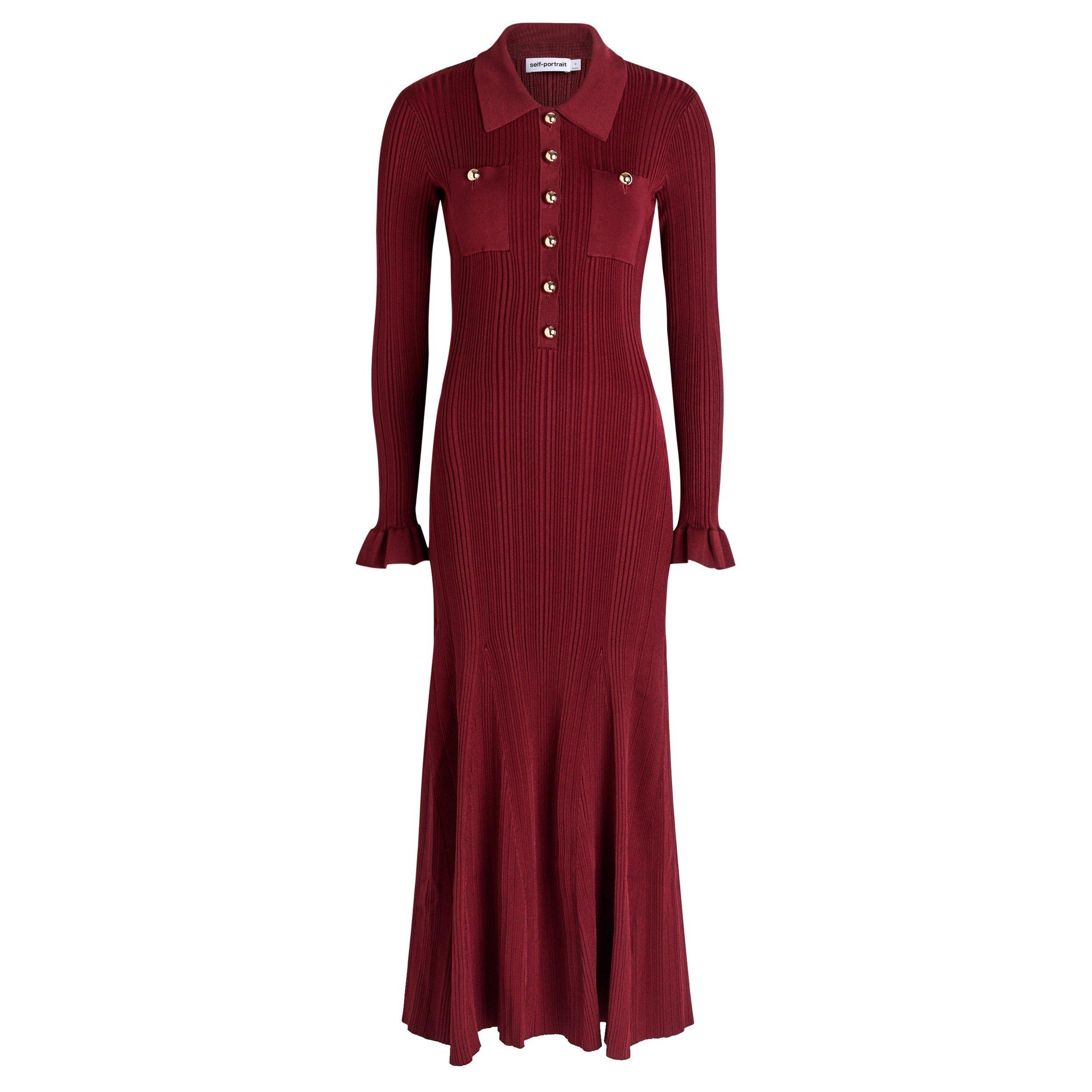 BURGUNDY - Self Portrait - LD RIBBED KNIT MIDI DRESS