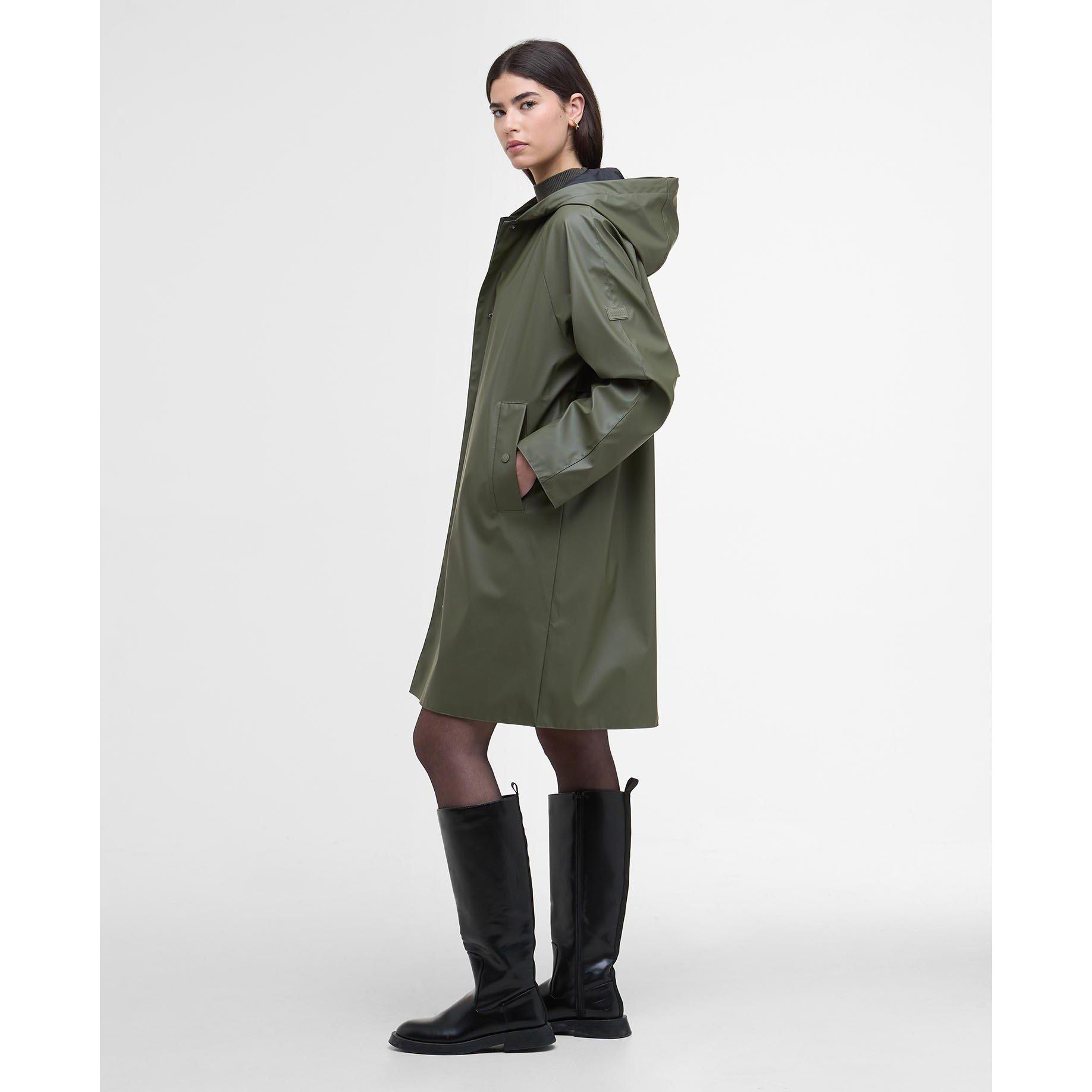 Sumraki kaki - Barbour International - Women's Recoleta Hooded Long Sleeve Knee Length Rain Anorak - 7