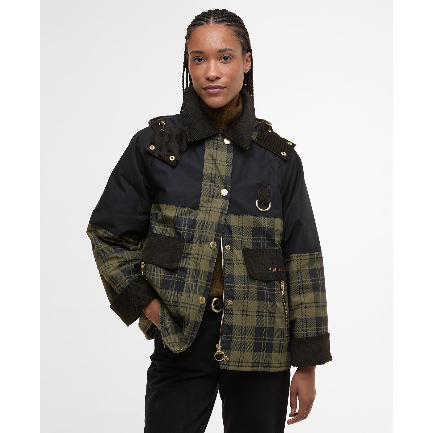 Olive Check/Bl - Barbour - Women's Elaine Showerproof Cotton Hooded Long Sleeve Rain Anorak - 2
