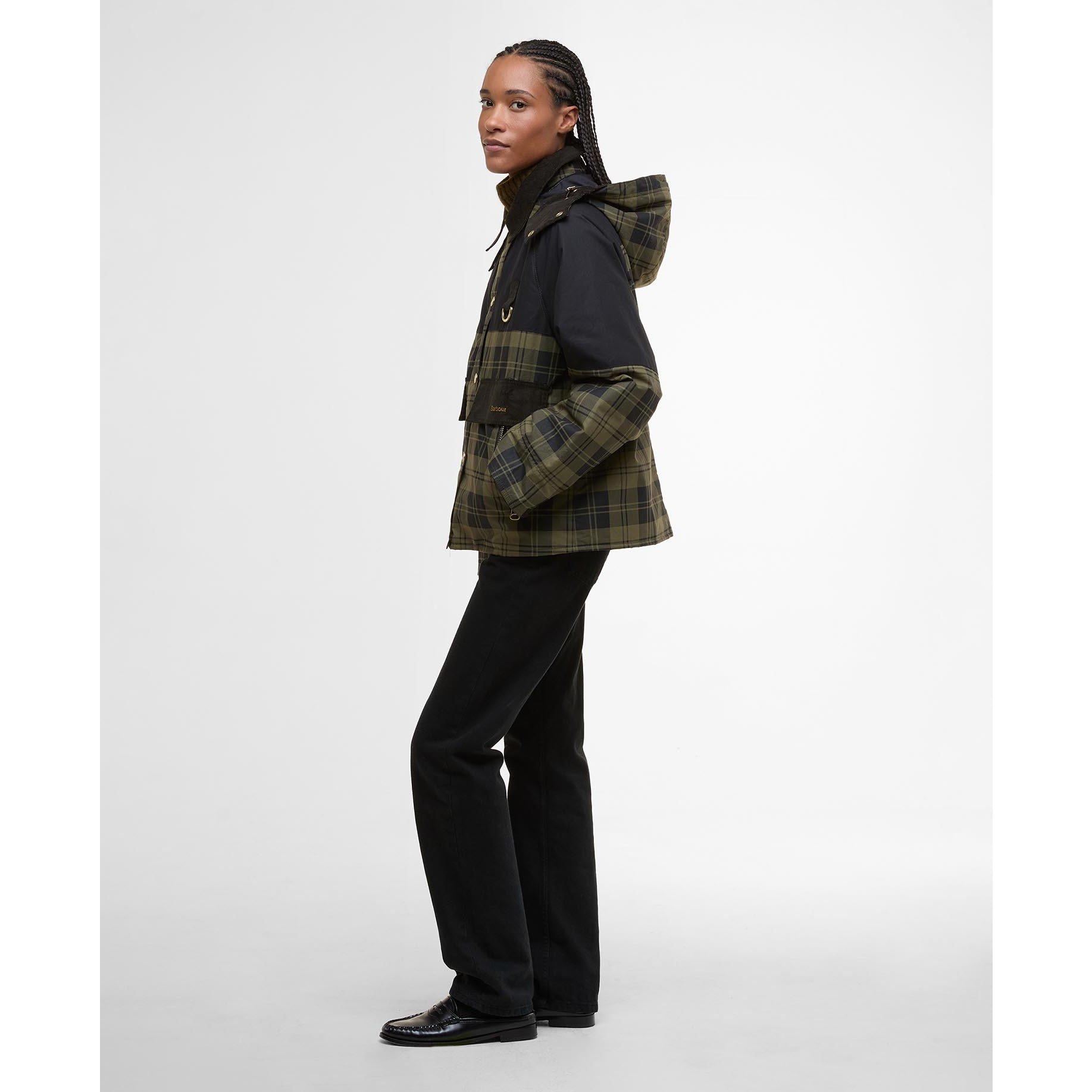 Olive Check/Bl - Barbour - Women's Elaine Showerproof Cotton Hooded Long Sleeve Rain Anorak - 8